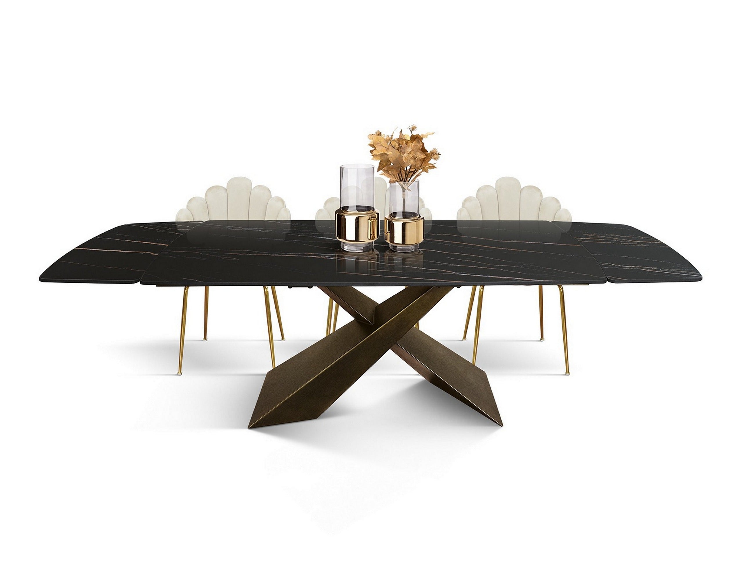 tavolo figari in vetroceramica matt golden nero con gambe a x in metallo bronzo, allungabile 160×90 cm – 240×90 cm, vista...