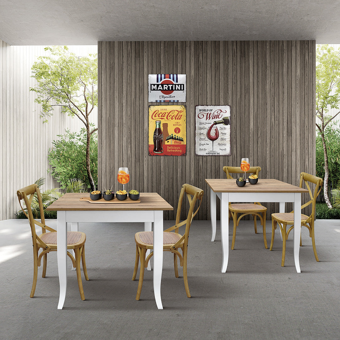 tavolo rimini in legno finitura rovere rustico e struttura in legno bianco 80×80 cm, dettaglio della struttura in legno o...