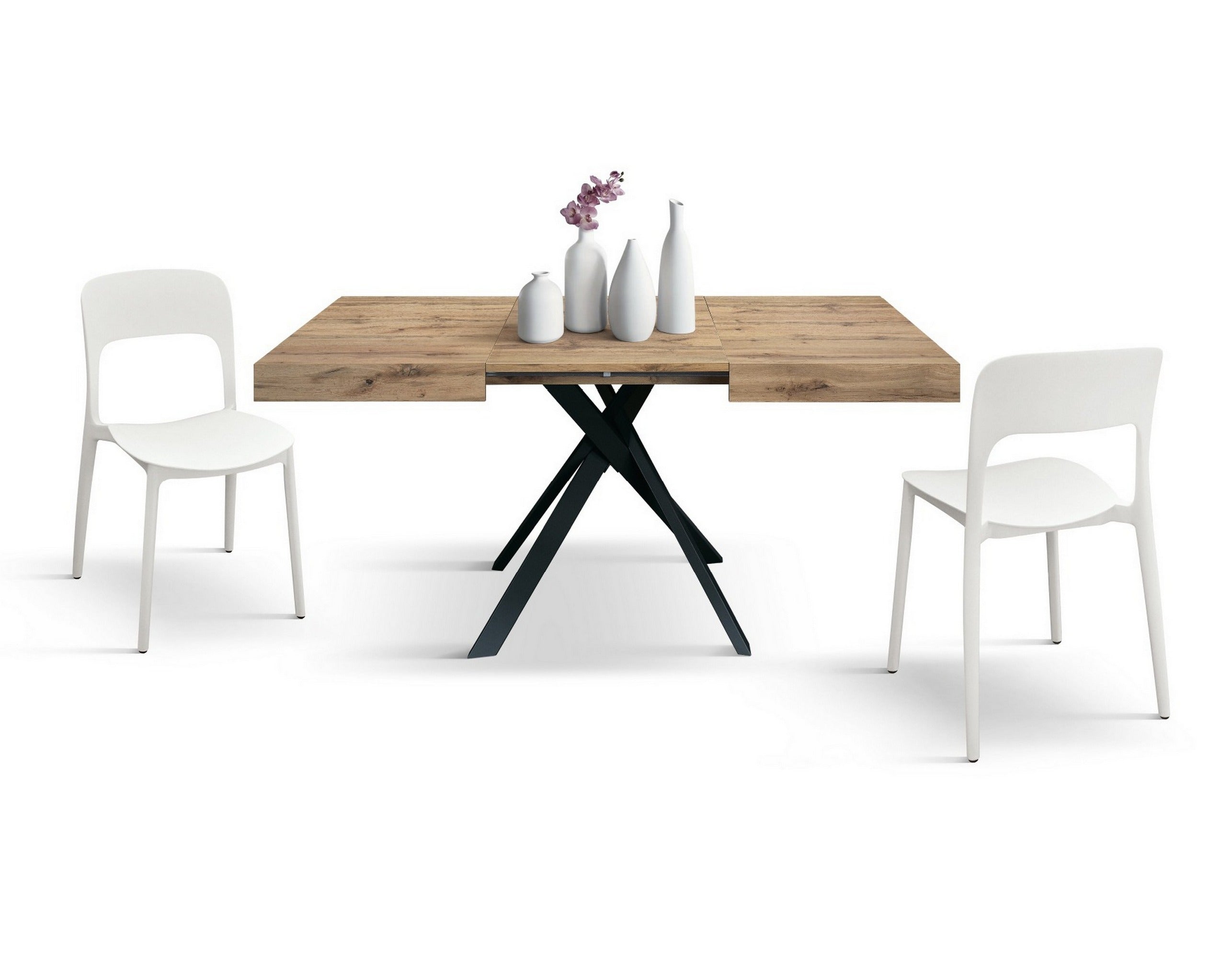 tavolo forte dei marmi in legno, finitura rovere rustico e gambe incrociate in metallo antracite, allungabile 95×90 cm – 145...