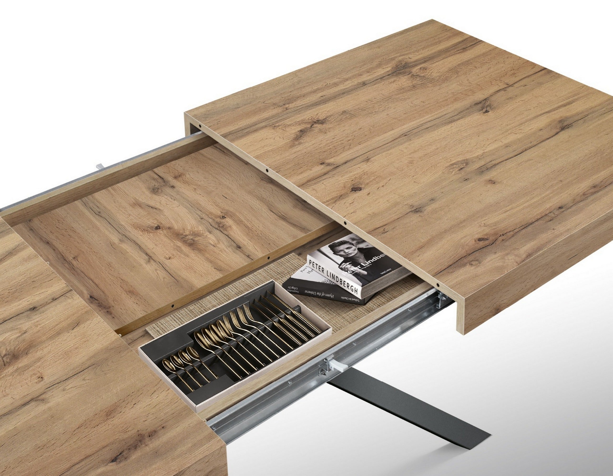 tavolo forte dei marmi in legno, finitura rovere rustico e gambe incrociate in metallo antracite, allungabile 95×90 cm – 145...