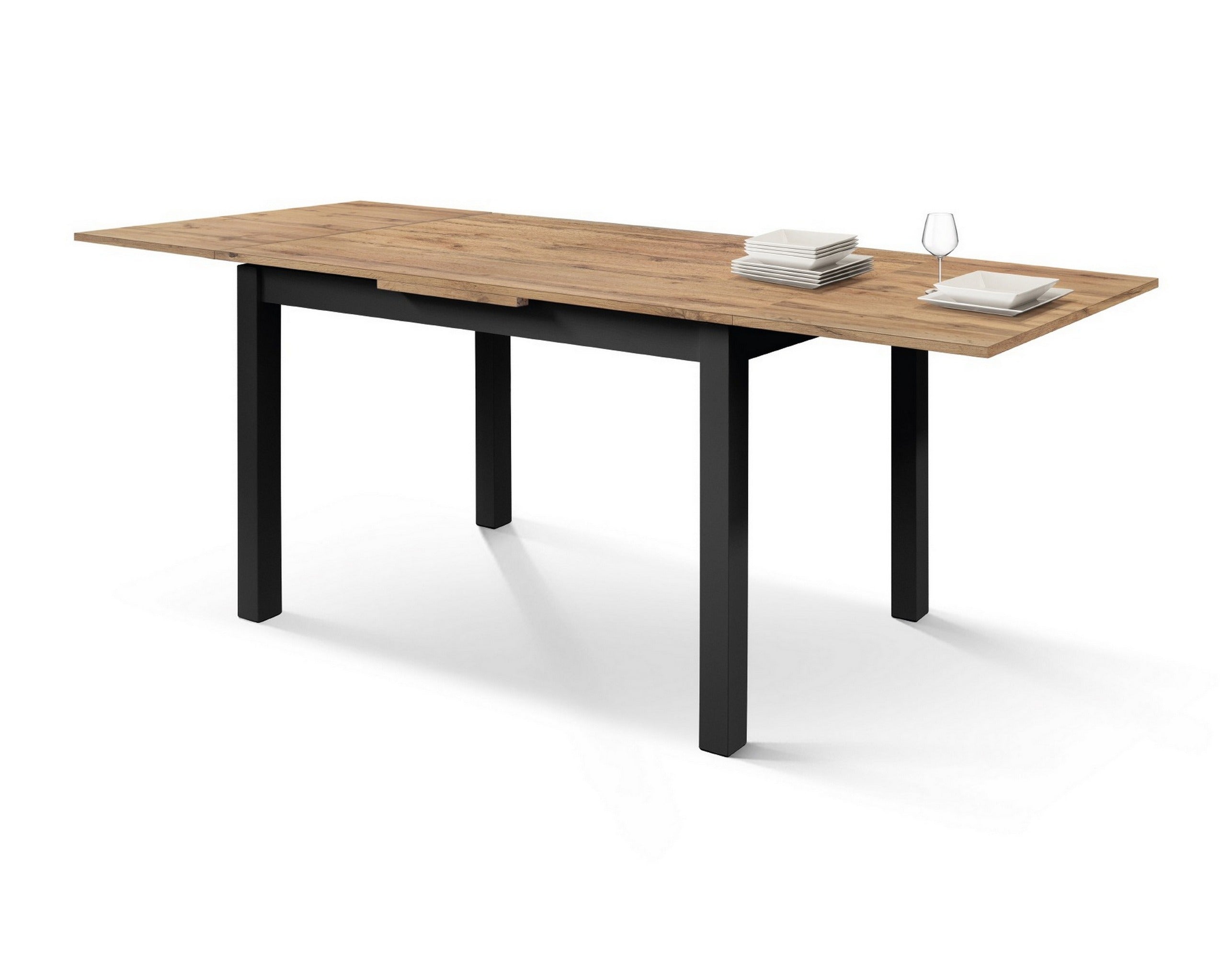 tavolo positano in legno effetto rovere e gambe antracite, allungabile 110×70 cm – 190×70 cm, vista ambientata con sedie...