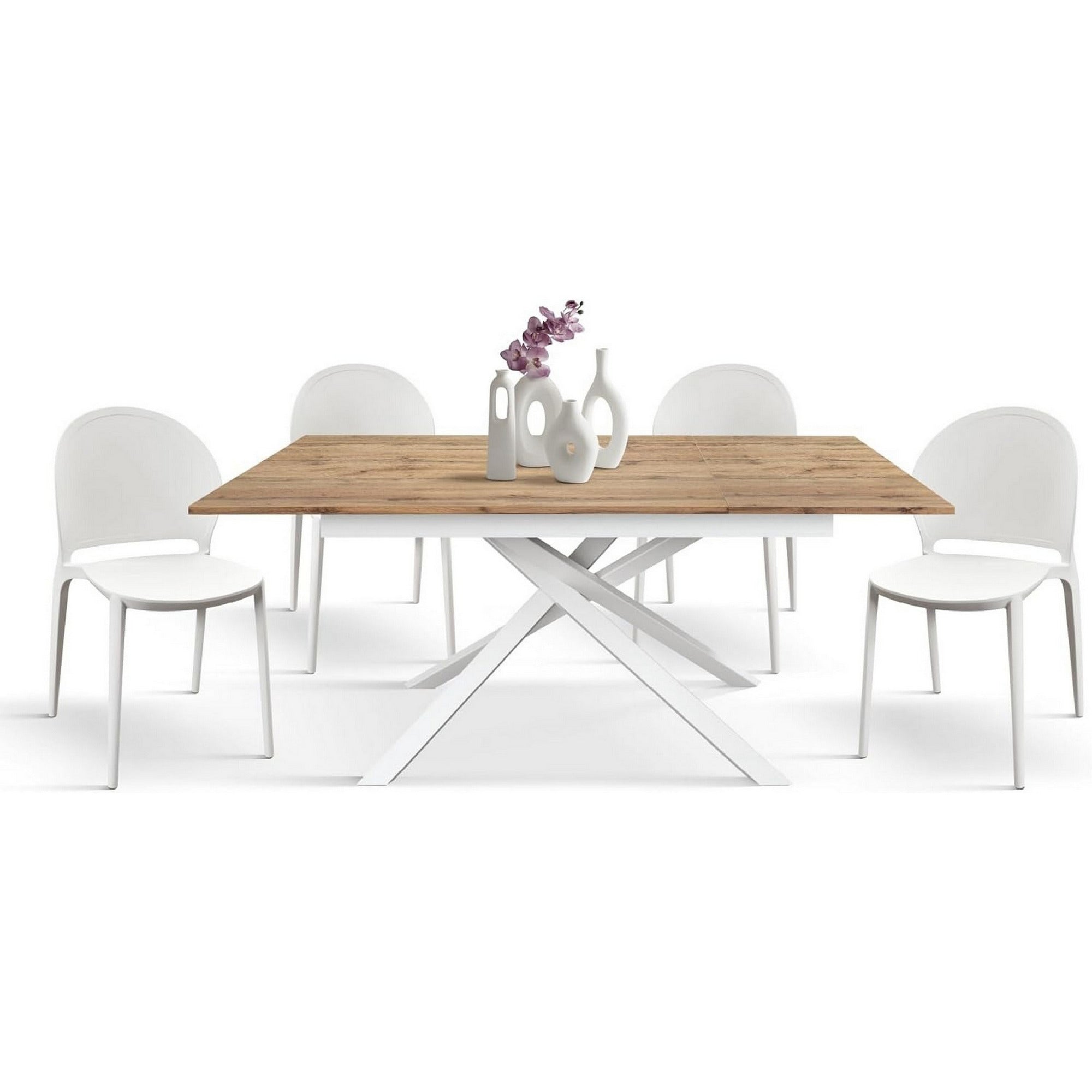 tavolo volpaia in legno, finitura rovere rustico e base in metallo verniciato bianco, allungabile 140×80 cm – 190×80 cm,...