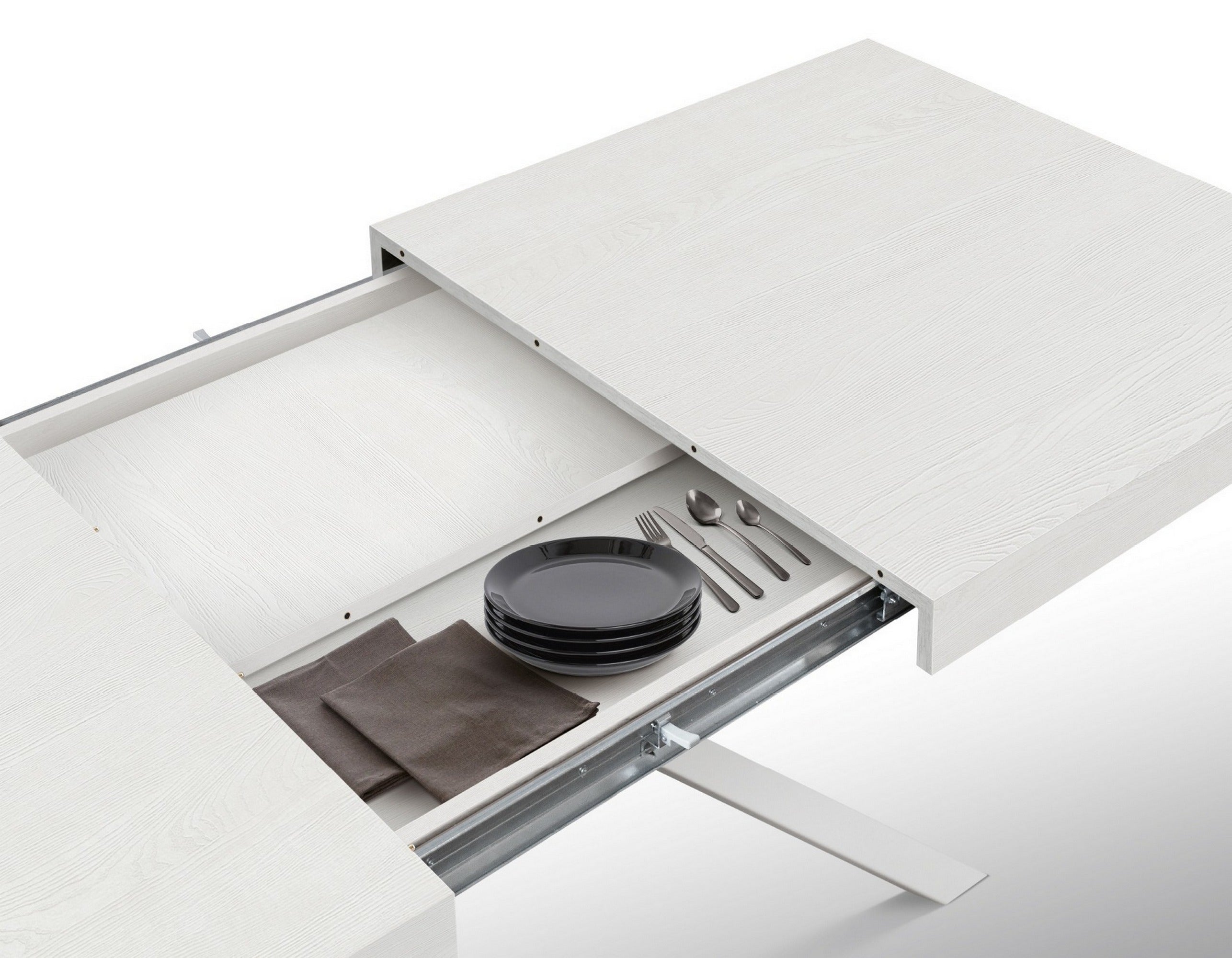 tavolo forte dei marmi in legno, finitura bianco frassinato e gambe incrociate in metallo bianco, allungabile 95×90 cm – 145...