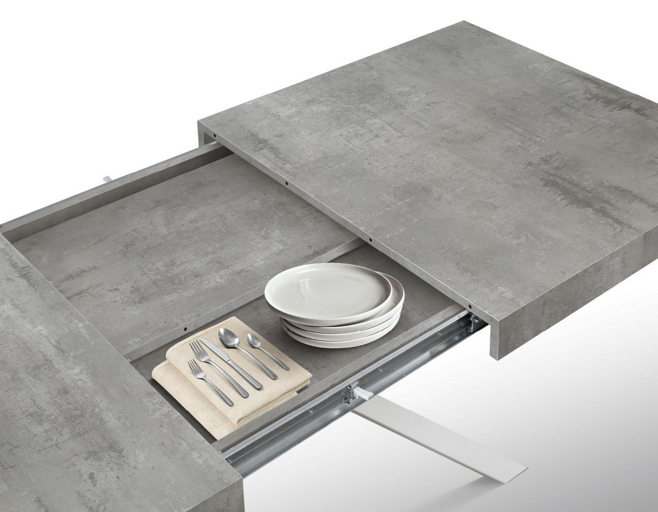 tavolo forte dei marmi in legno, finitura grigio cemento e gambe incrociate in metallo bianco, allungabile 95×90 cm – 145 x...