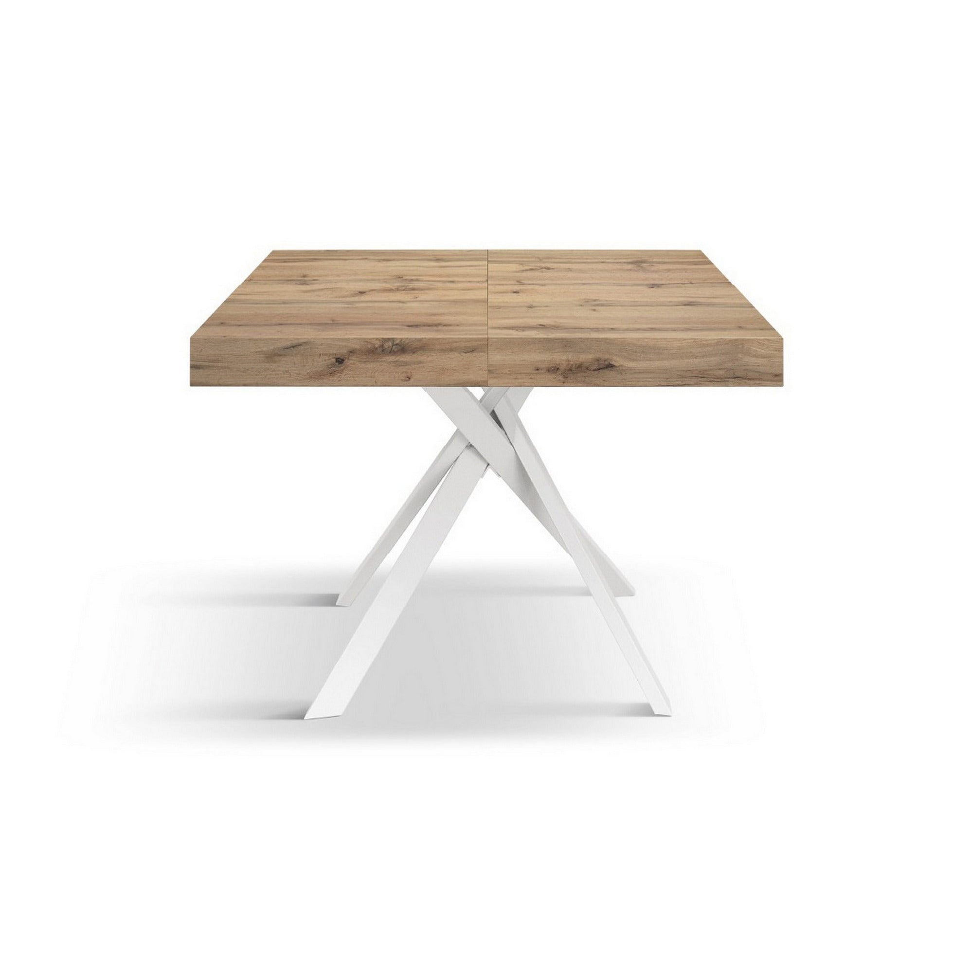tavolo forte dei marmi in legno, finitura rovere rustico e gambe incrociate in metallo bianco, allungabile 95×90 cm – 145 x...