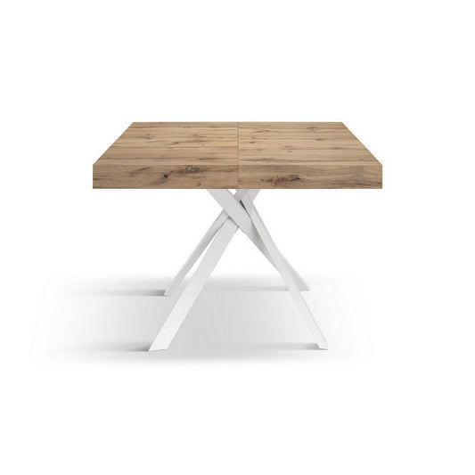 tavolo forte dei marmi in legno, finitura rovere rustico e gambe incrociate in metallo bianco, allungabile 95×90 cm – 145 x...