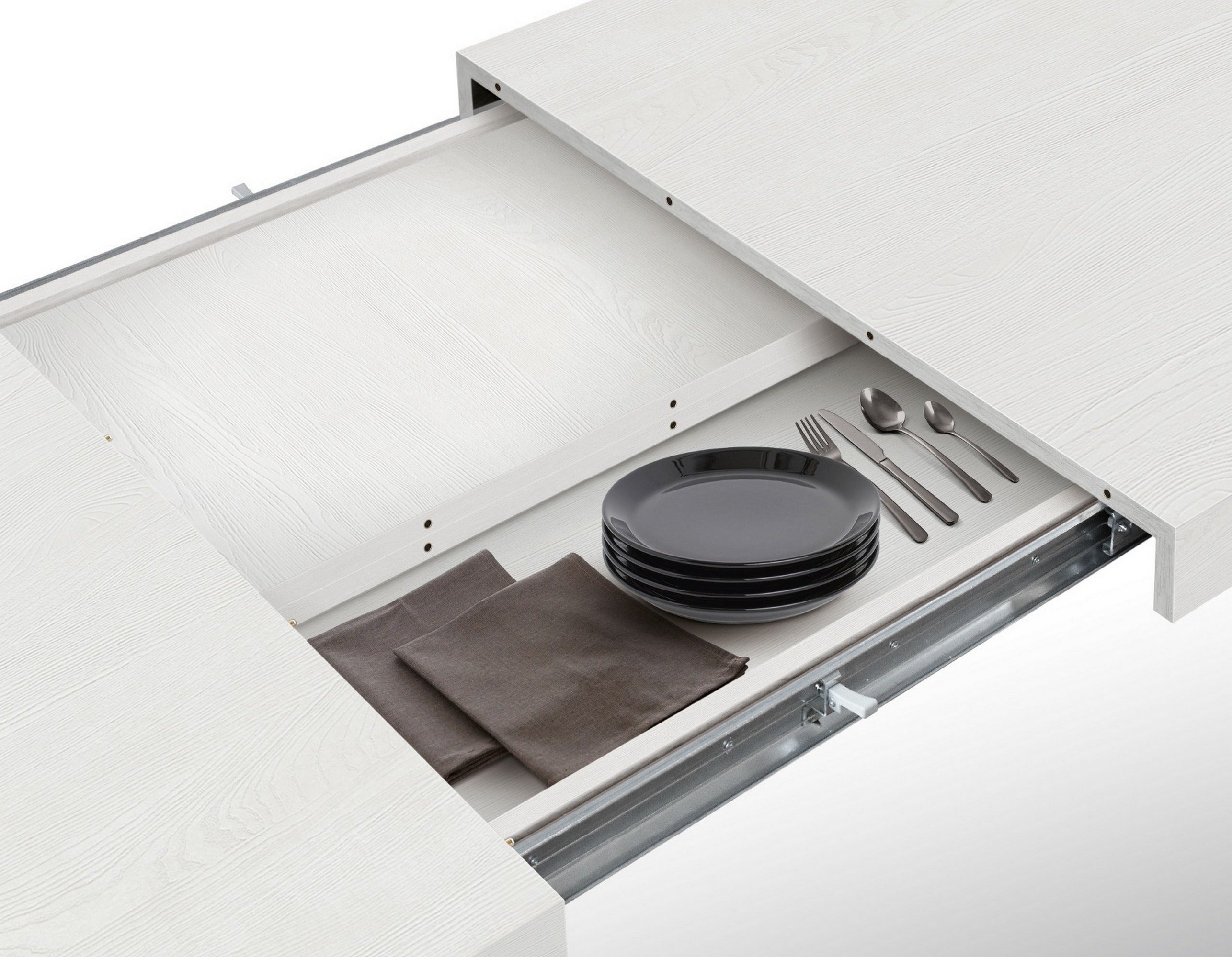 tavolo cinquale in legno, finitura bianco frassinato con gambe in metallo antracite, allungabile 140×90 cm – 220×90 cm,...