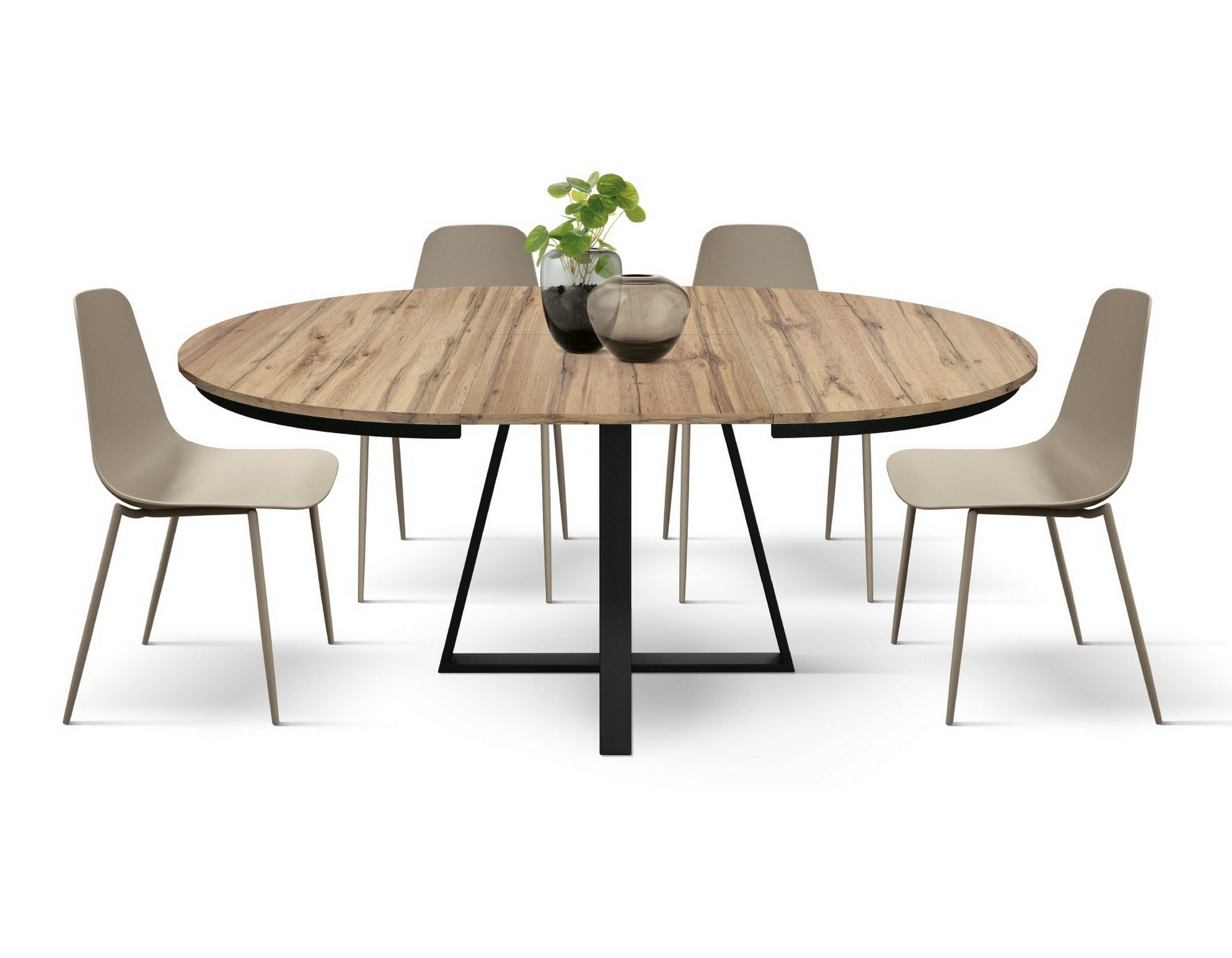 tavolo rotondo pantelleria in legno effetto rovere rustico con base a x in metallo antracite, allungabile ⌀120 cm – ⌀170 cm,...