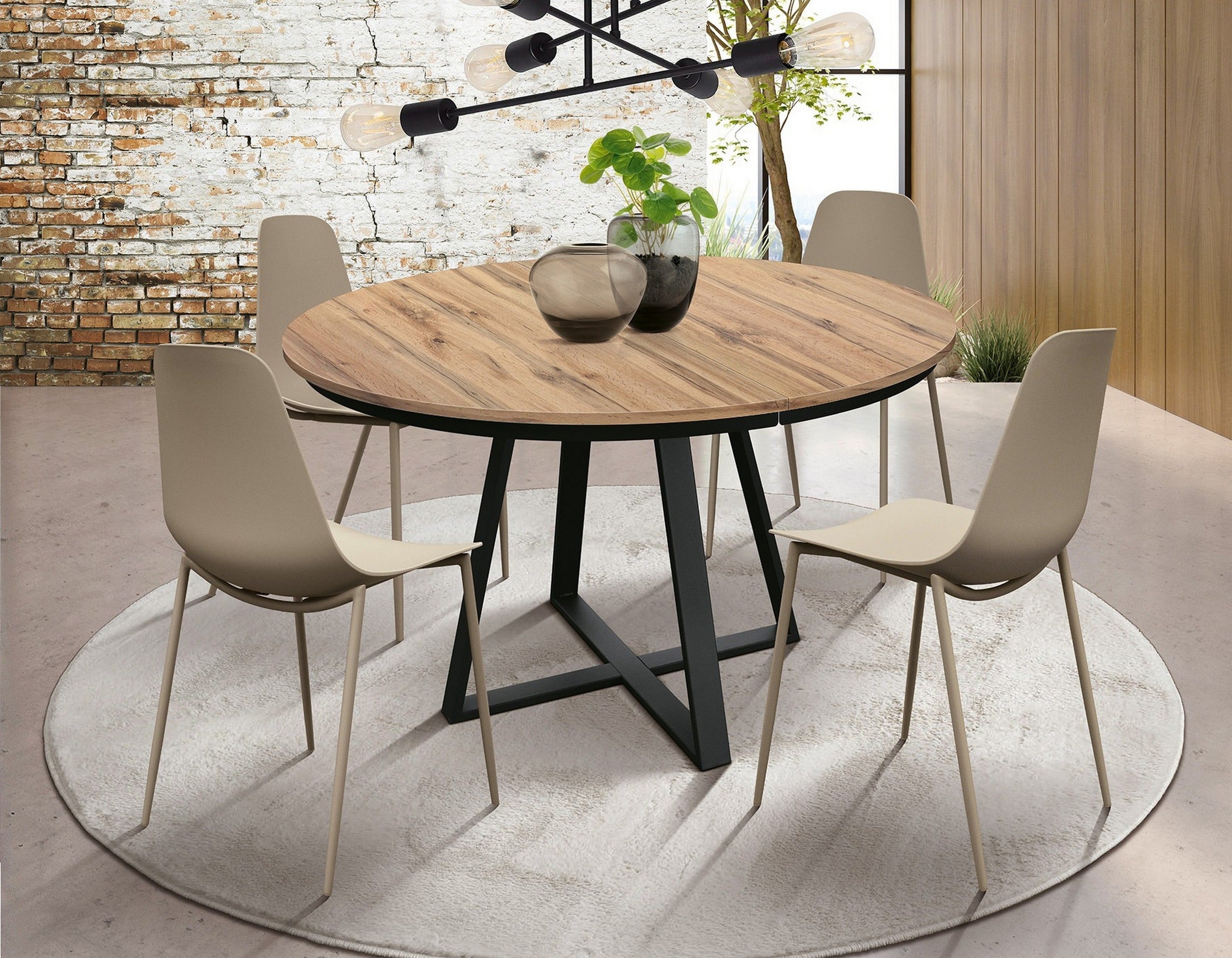 tavolo rotondo pantelleria in legno effetto rovere rustico con base a x in metallo antracite, allungabile ⌀120 cm – ⌀170 cm,...