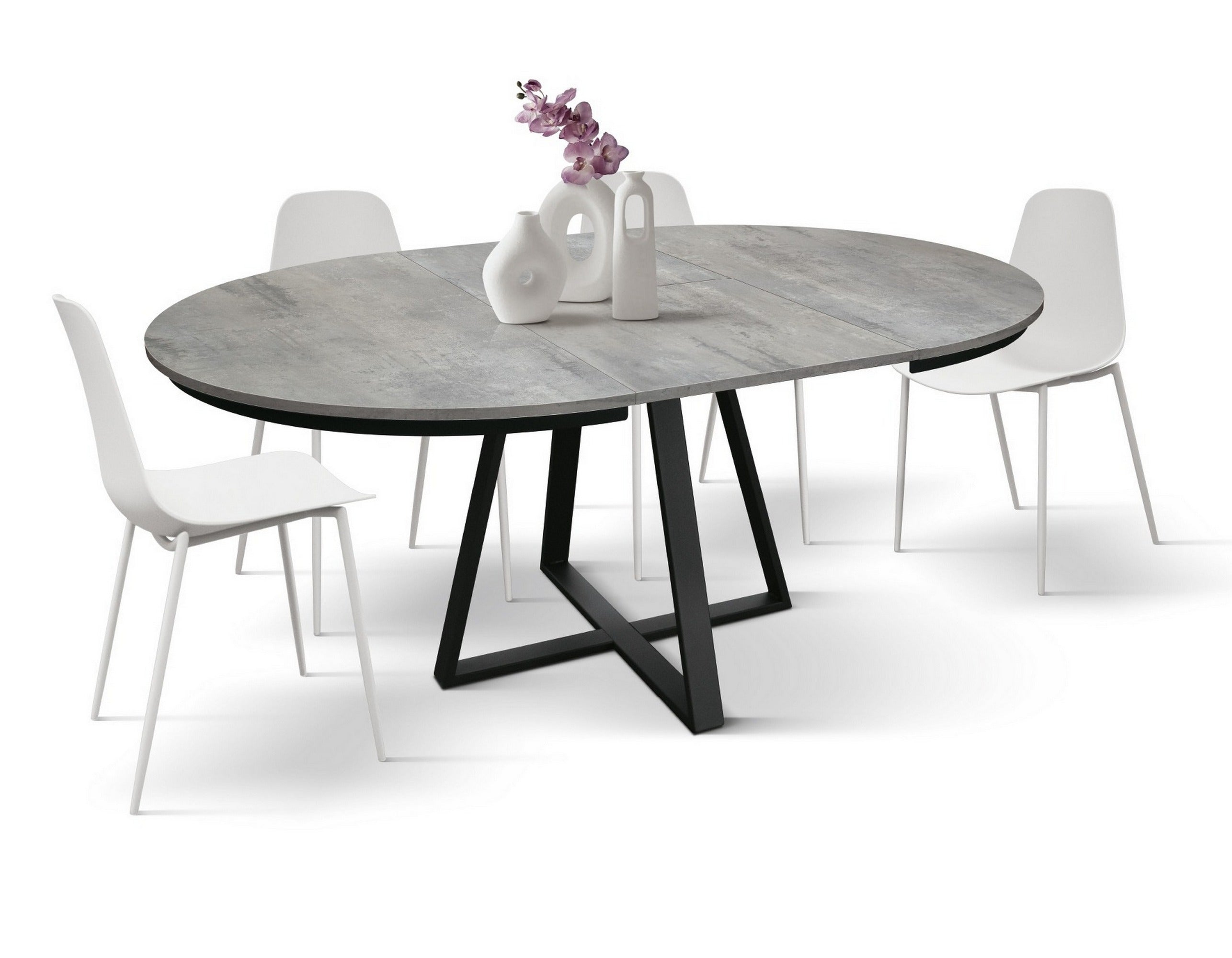 tavolo rotondo pantelleria in legno effetto grigio cemento con base a x in metallo antracite, allungabile ⌀120 cm – ⌀170 cm,...