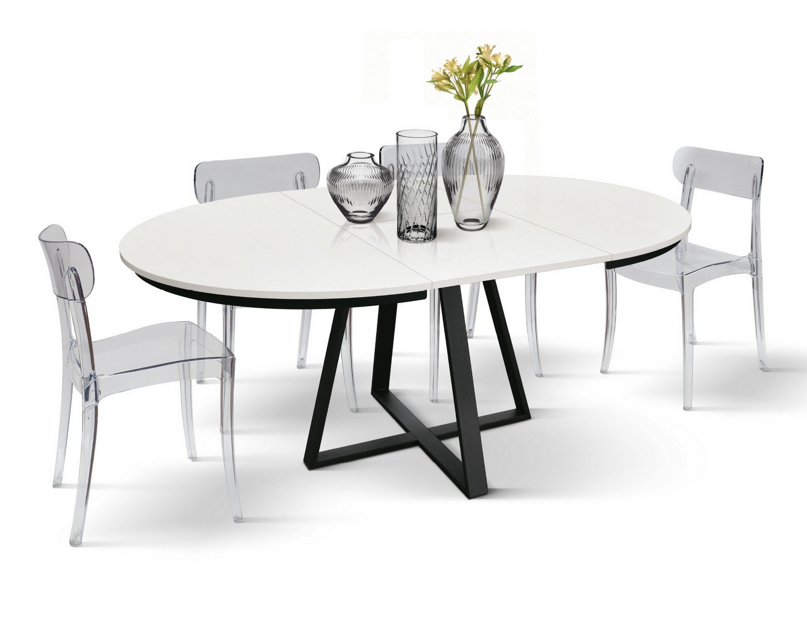 tavolo rotondo pantelleria in legno effetto bianco frassinato con base a x in metallo antracite, allungabile ⌀120 cm – ⌀170...