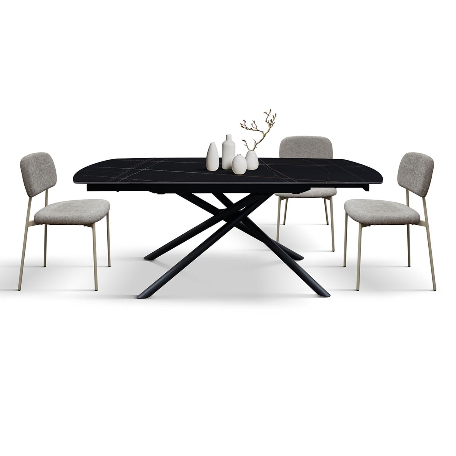 tavolo bonifacio in ceramica nero sahara e base in metallo verniciato nero, allungabile 120×88 cm – 180×88 cm, vista...