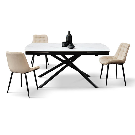 tavolo bonifacio in ceramica bianco statuario e base in metallo verniciato nero, allungabile 140×90 cm – 200×90 cm, tavolo...