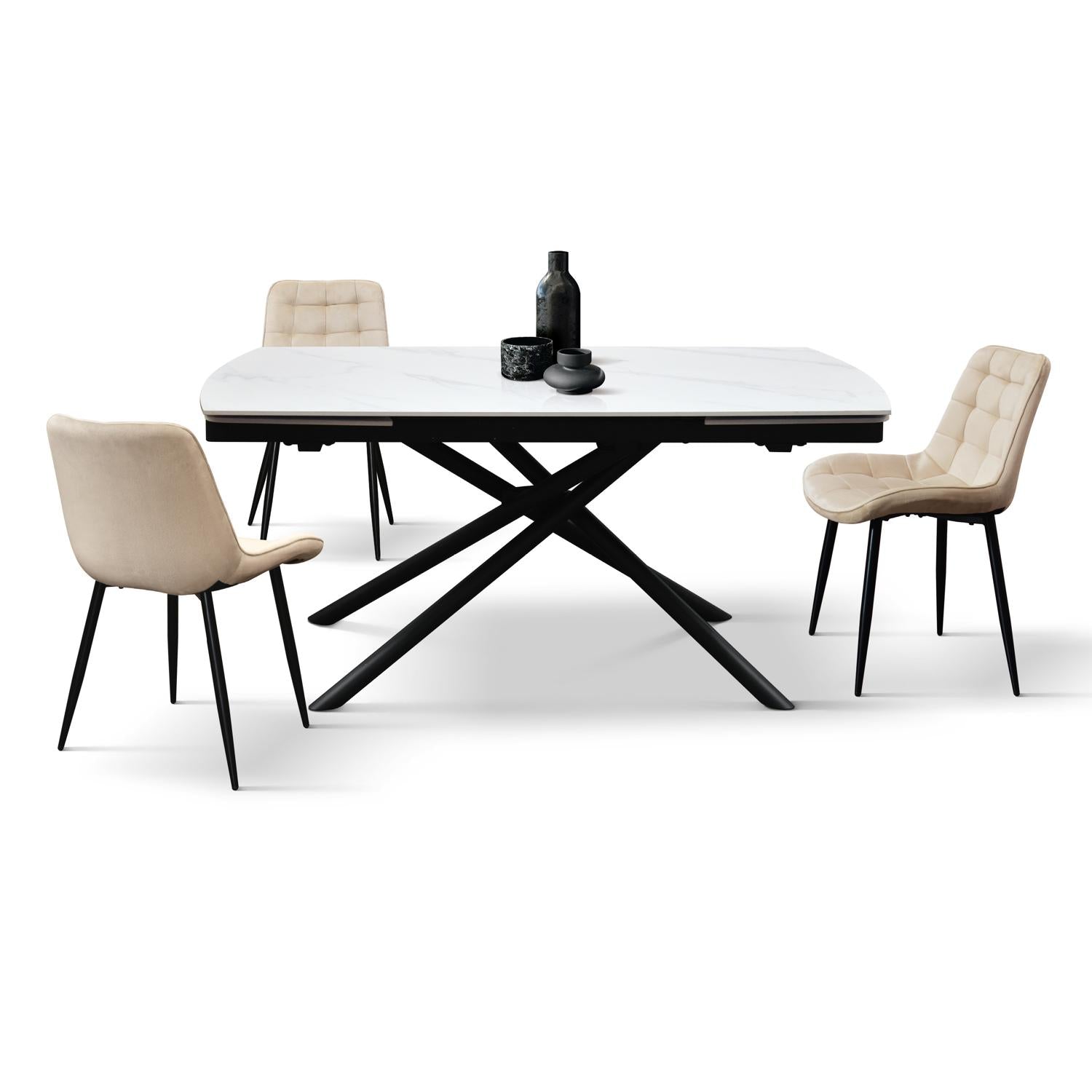 tavolo bonifacio in ceramica bianco statuario e base in metallo verniciato nero, allungabile 140×90 cm – 200×90 cm, vista...