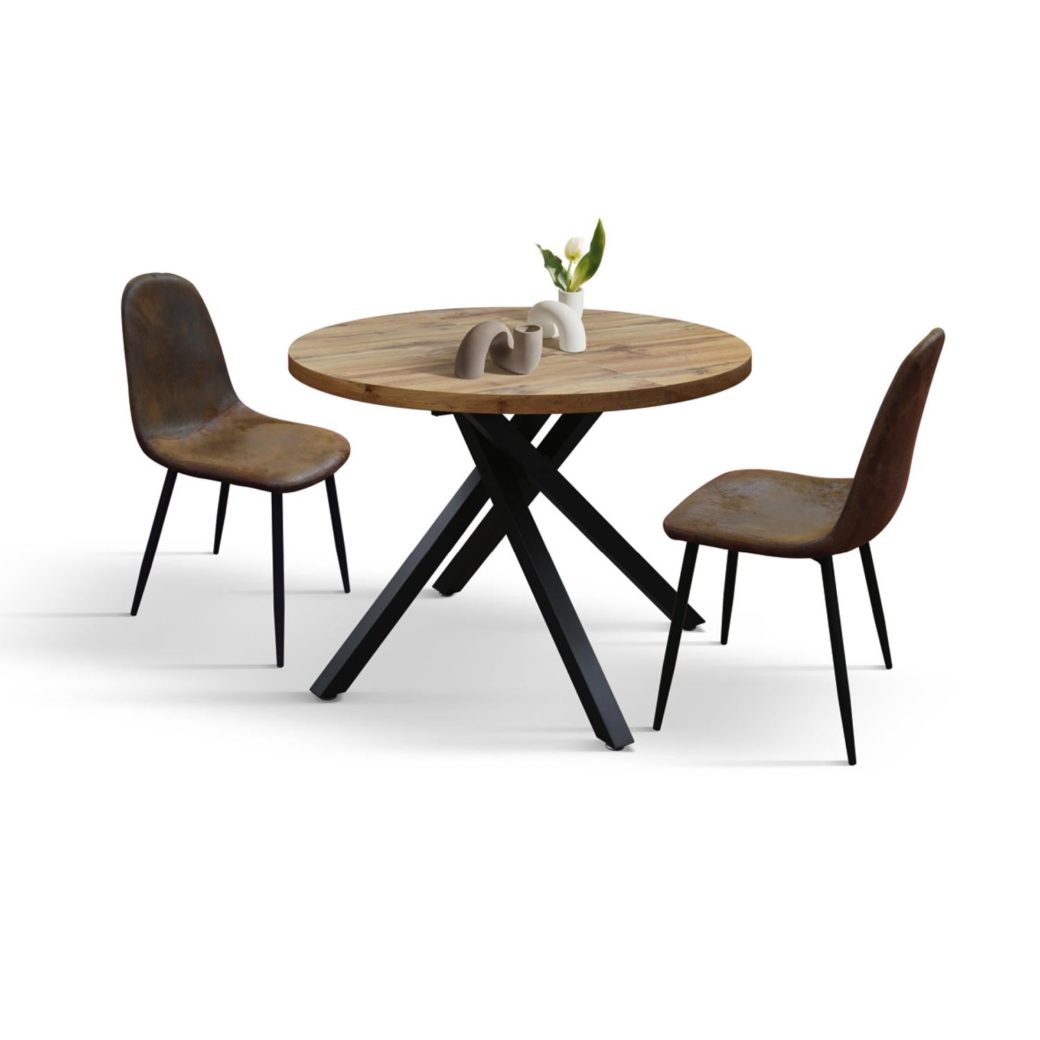 tavolo rotondo pola in legno, finitura rovere rustico e gambe incrociate in metallo nero, allungabile ø100xh75 cm –...