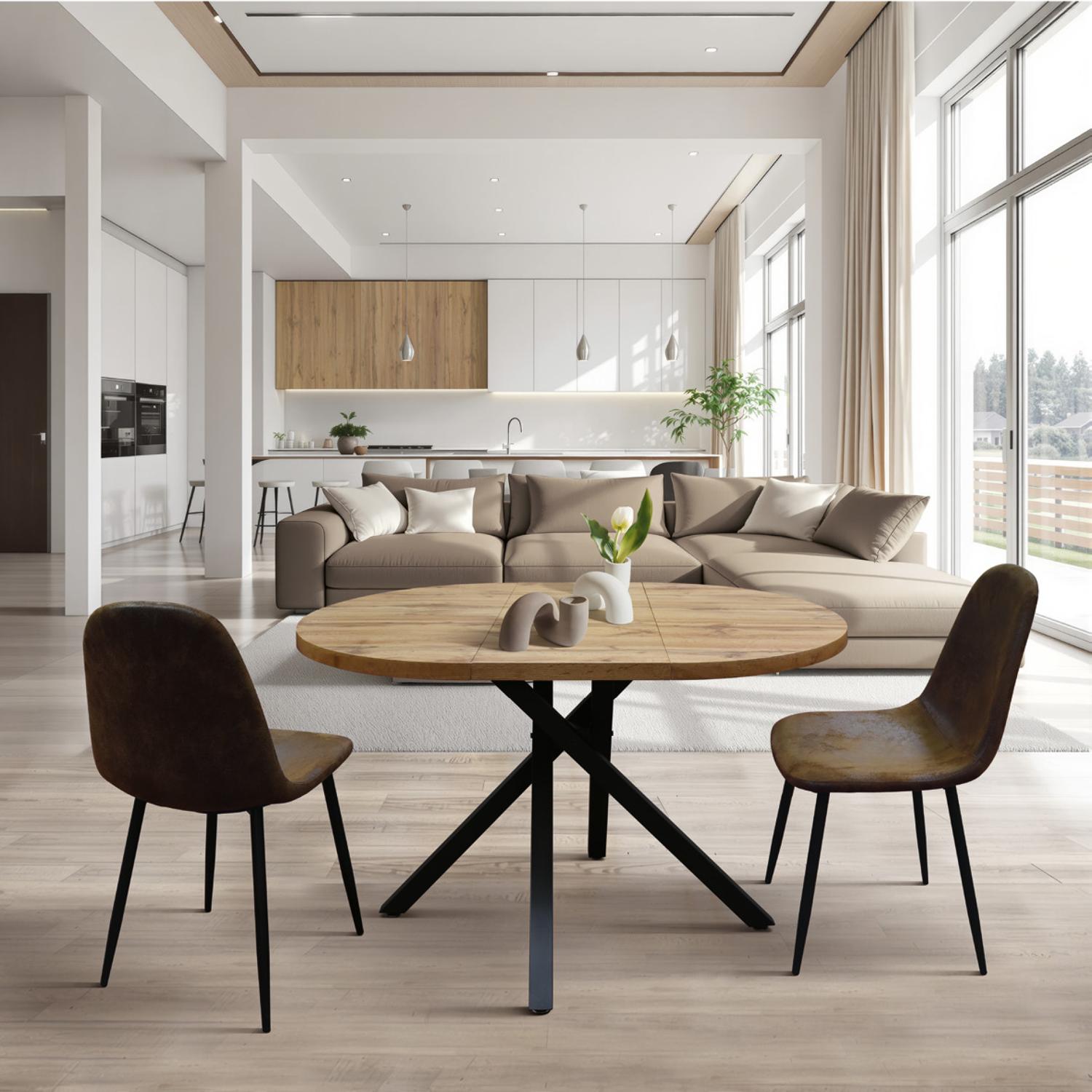 tavolo rotondo pola in legno, finitura rovere rustico e gambe incrociate in metallo nero, allungabile ø100xh75 cm –...