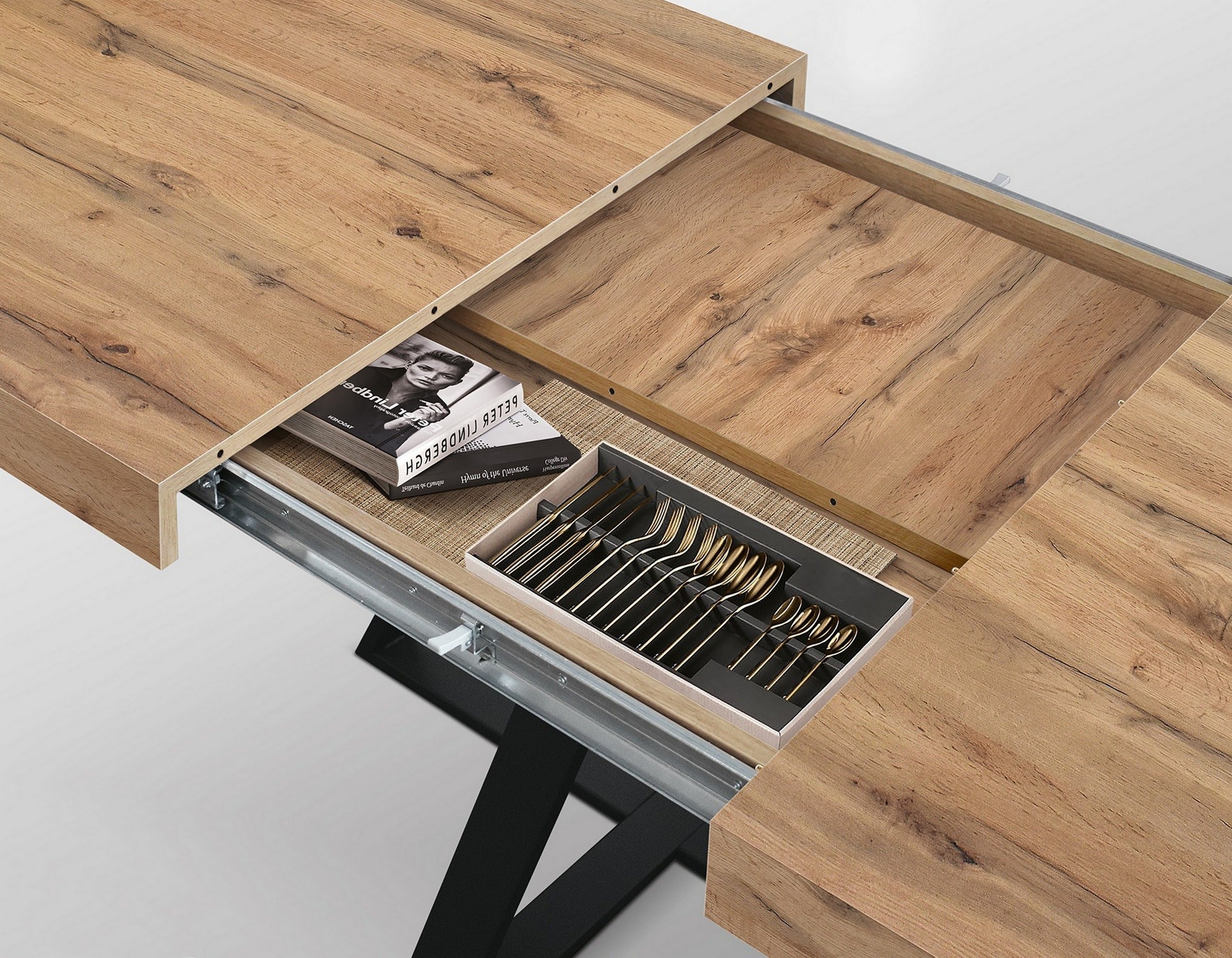 tavolo forte dei marmi in legno, finitura rovere rustico e base incrociata in metallo antracite, allungabile 95×90 cm – 145...