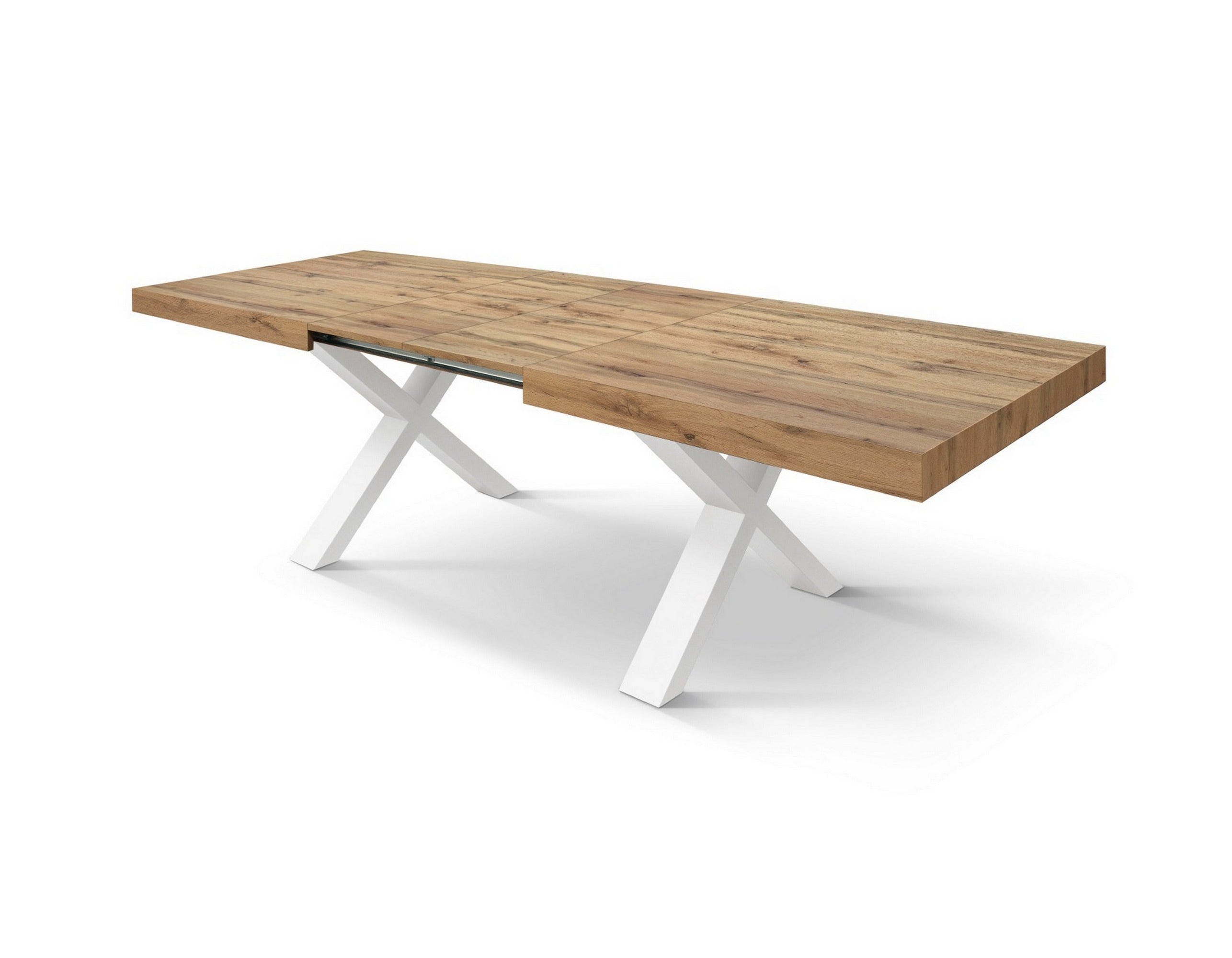 tavolo allungabile amalfi in legno effetto rovere rustico e gambe a x bianche, allungabile 180×90 cm – 260×90 cm, dettaglio...