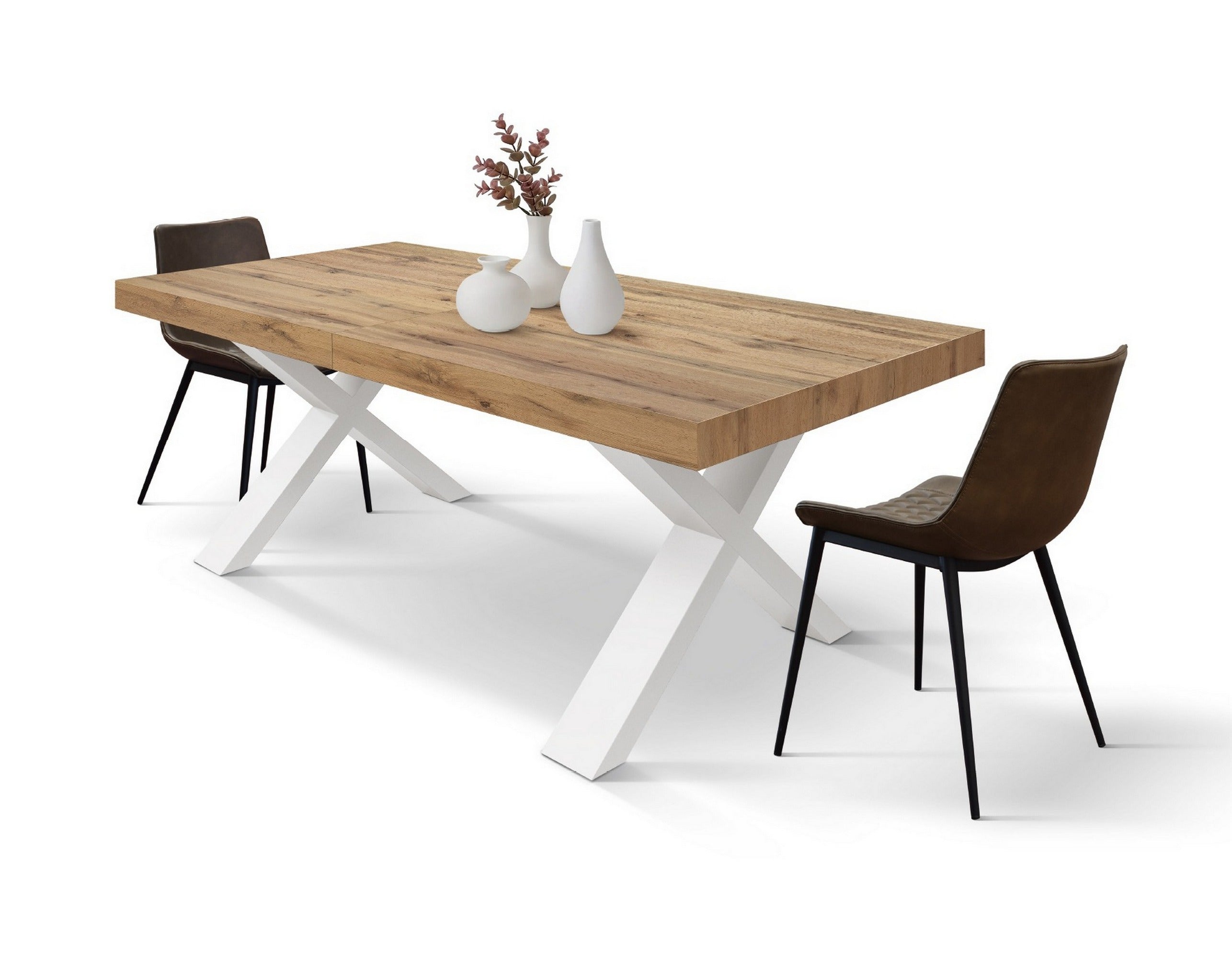tavolo allungabile amalfi in legno effetto rovere rustico e gambe a x bianche, allungabile 180×90 cm – 260×90 cm, vista...