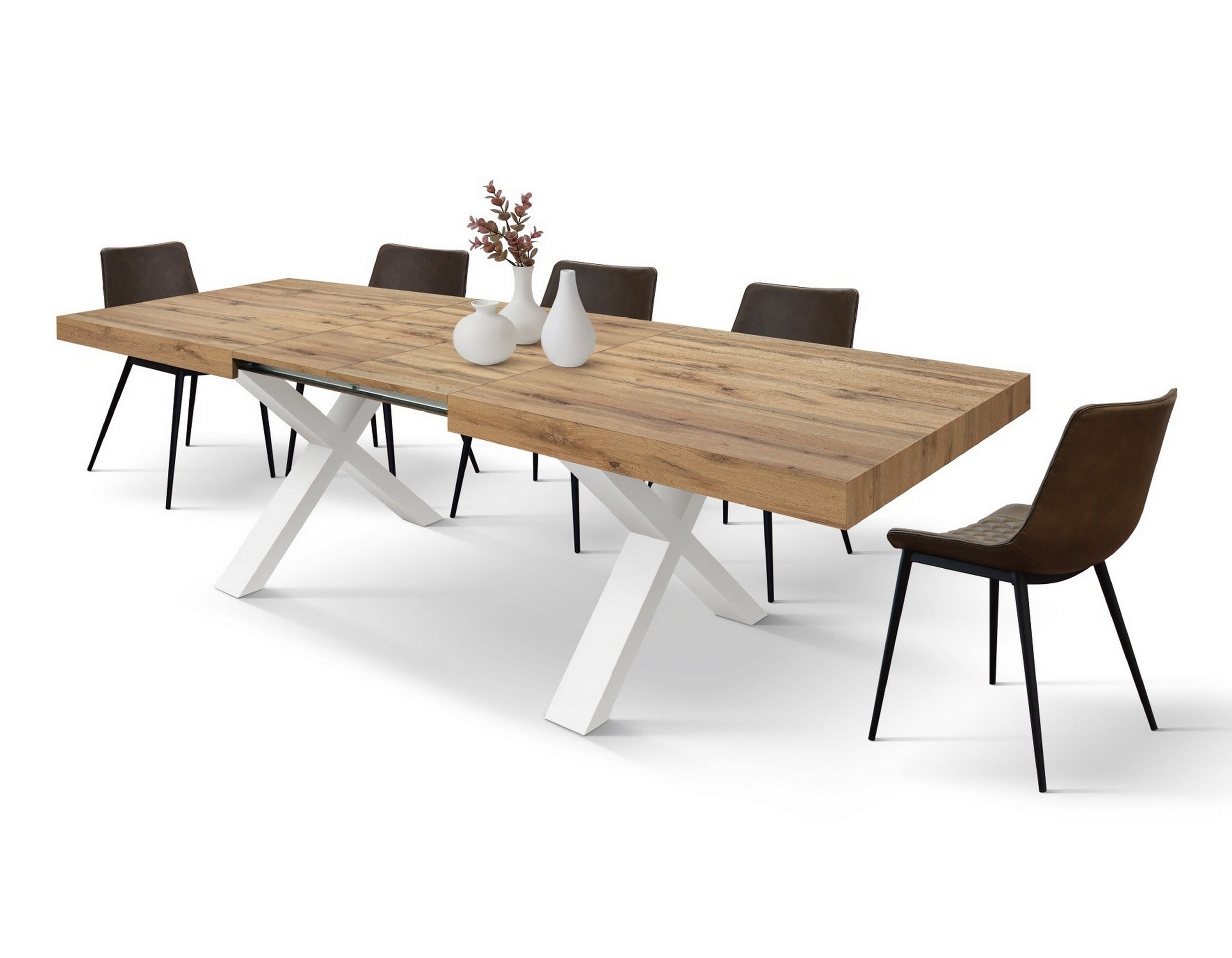 tavolo allungabile amalfi in legno effetto rovere rustico e gambe a x bianche, allungabile 160×90 cm – 240×90 cm, design...