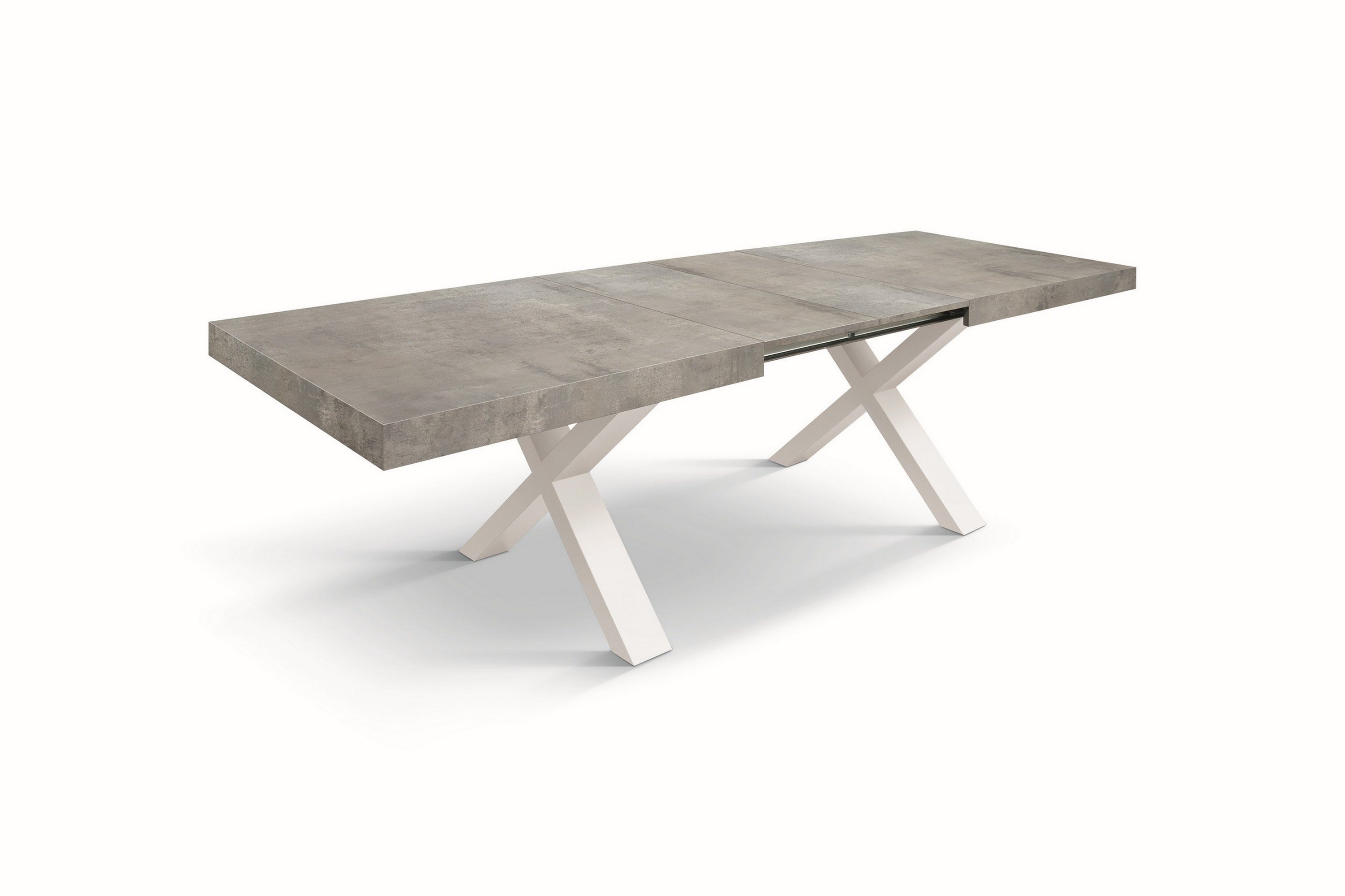tavolo allungabile amalfi in legno effetto grigio cemento e gambe a x bianche, allungabile 160×90 cm – 240×90 cm, dettaglio...