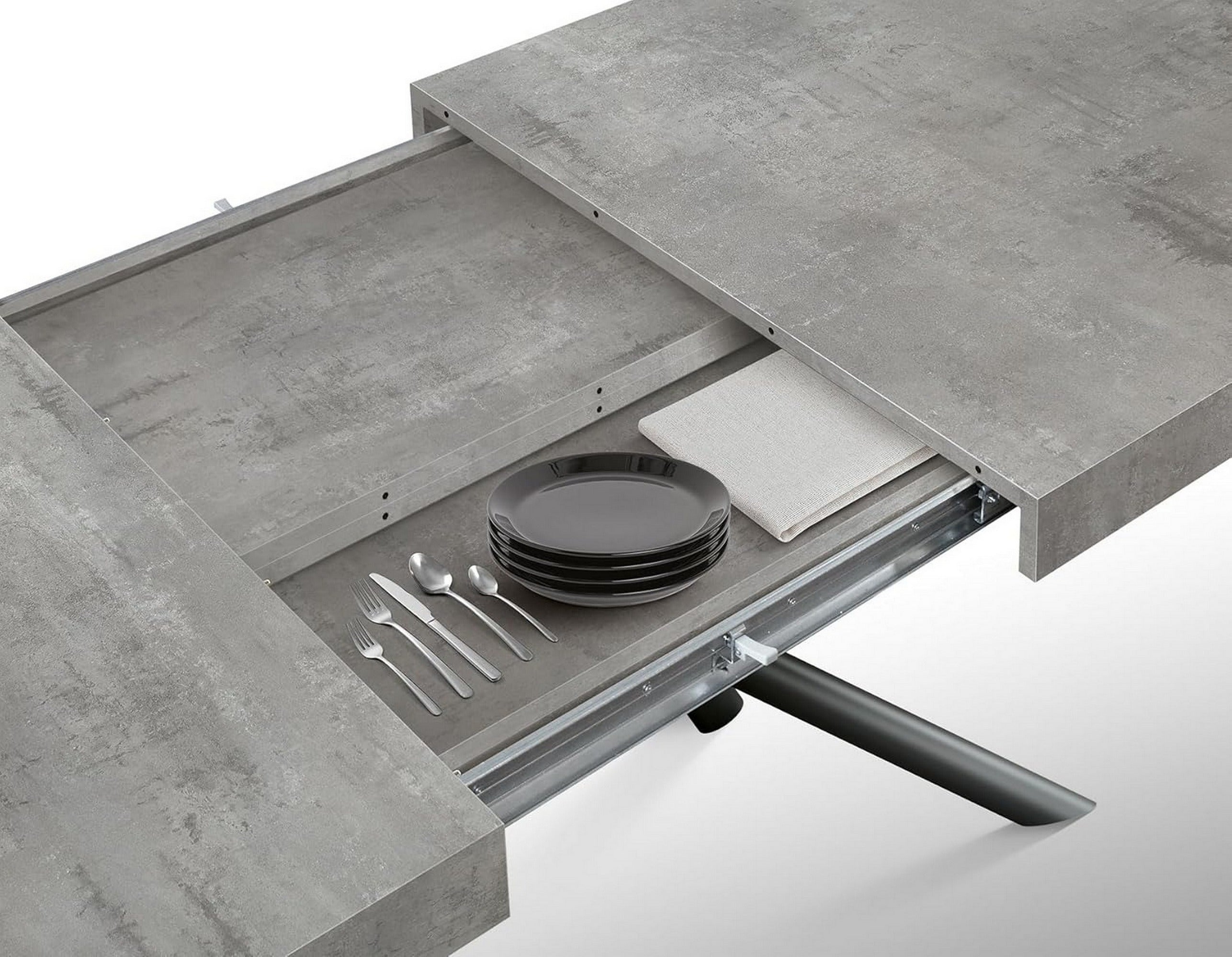 tavolo carrara in legno, finitura grigio cemento e base in metallo verniciato antracite, allungabile 140×90 cm – 220×90 cm,...