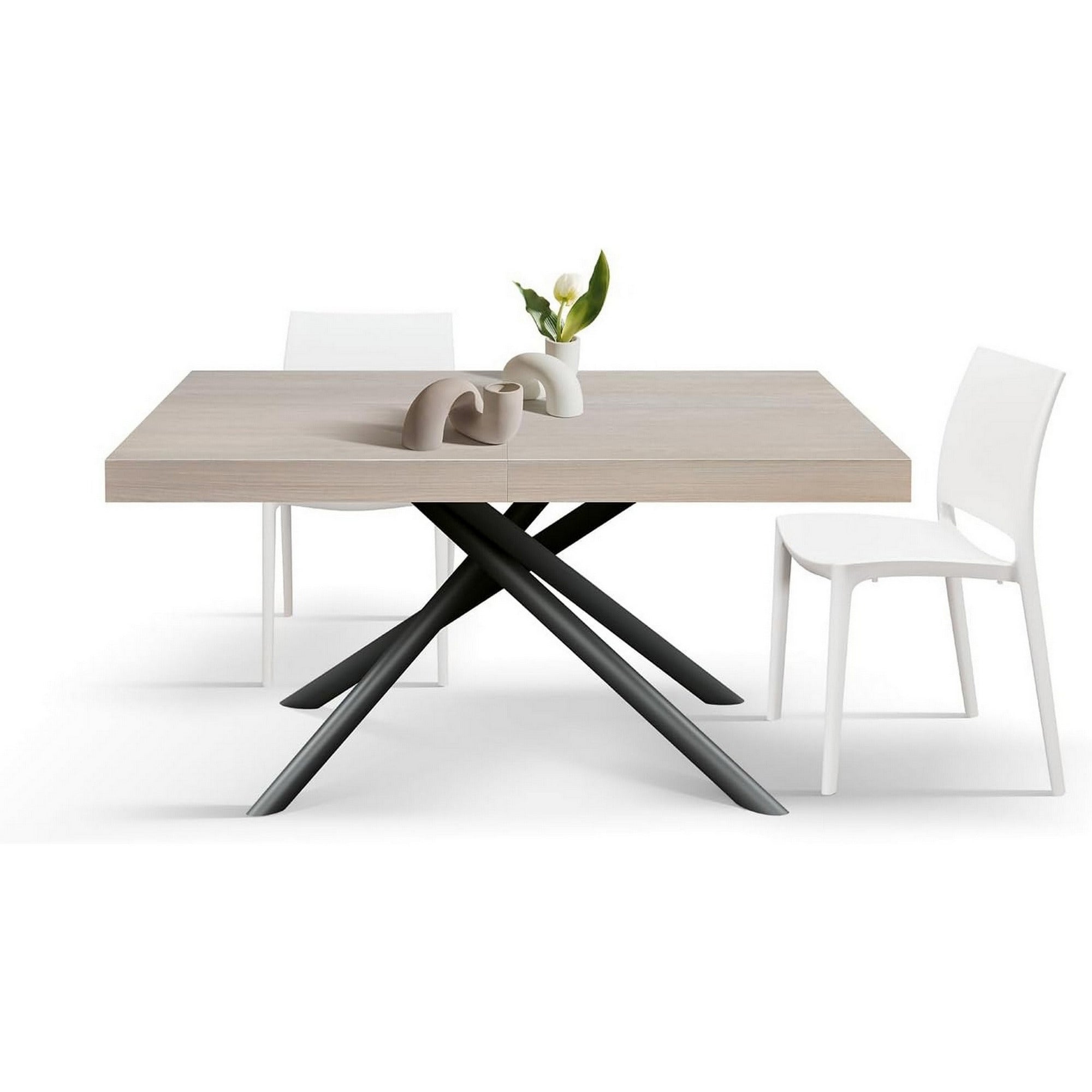 tavolo carrara in legno, finitura olmo perla e base in metallo verniciato antracite, allungabile 160×90 cm – 240×90 cm,...