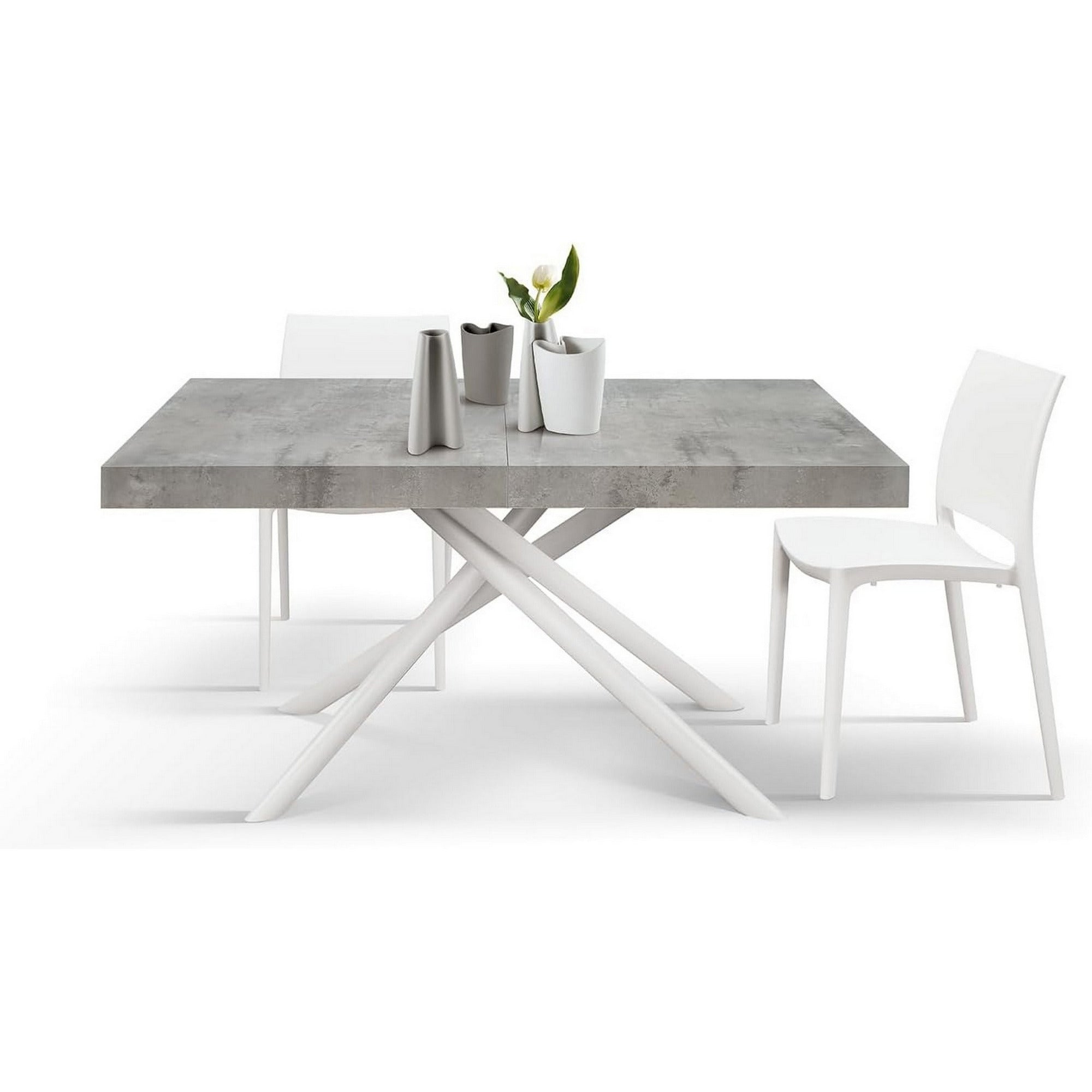 tavolo carrara in legno, finitura grigio cemento e base in metallo verniciato bianco, allungabile 160×90 cm – 240×90 cm,...