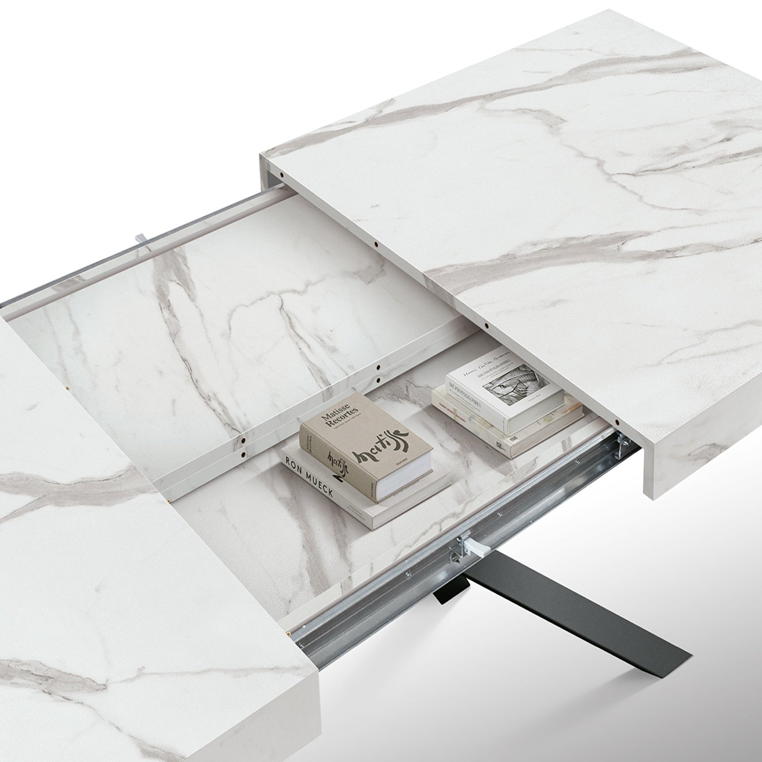 tavolo forte dei marmi in legno, finitura bianco statuario e base in metallo nero, allungabile 160×90 cm – 240×90 cm, ideale...