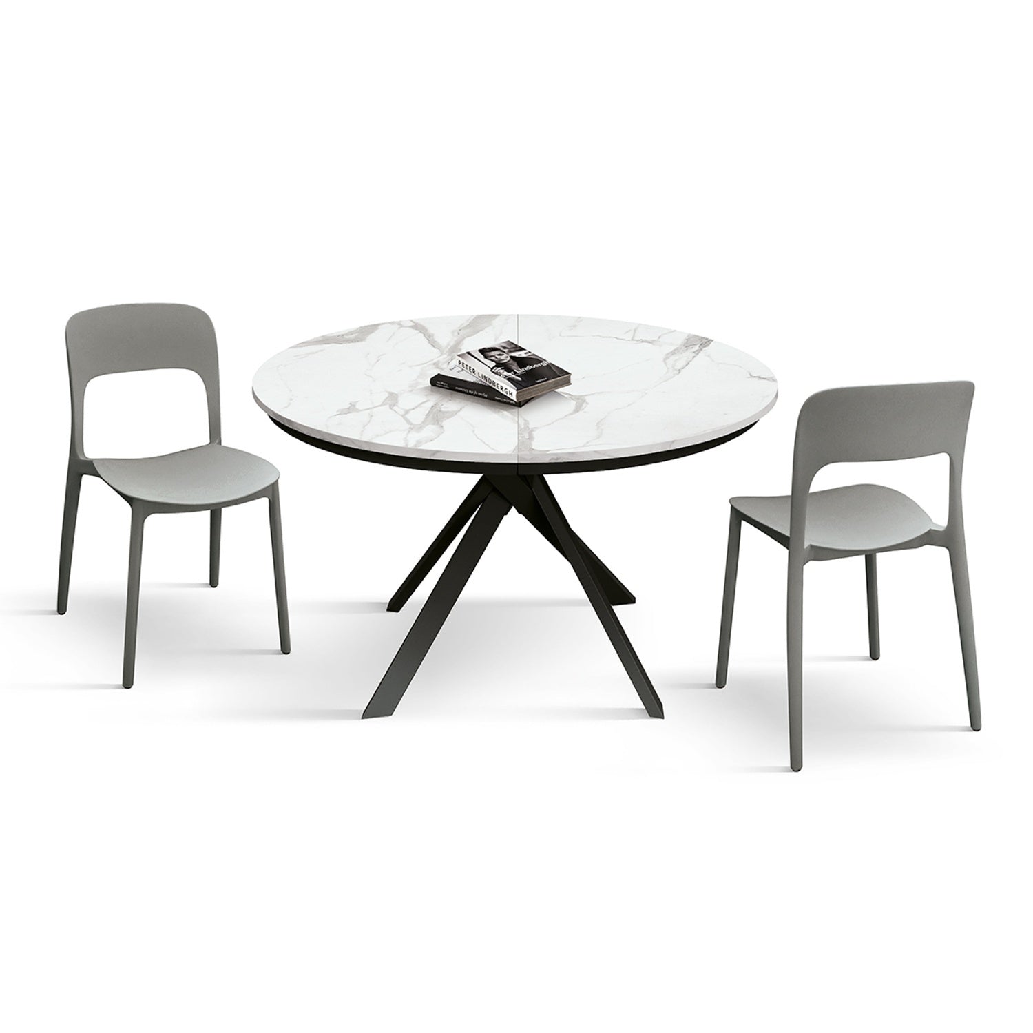 tavolo rotondo pantelleria in legno, finitura bianco statuario e gambe in metallo nero, allungabile ø120xh75,3 cm –...