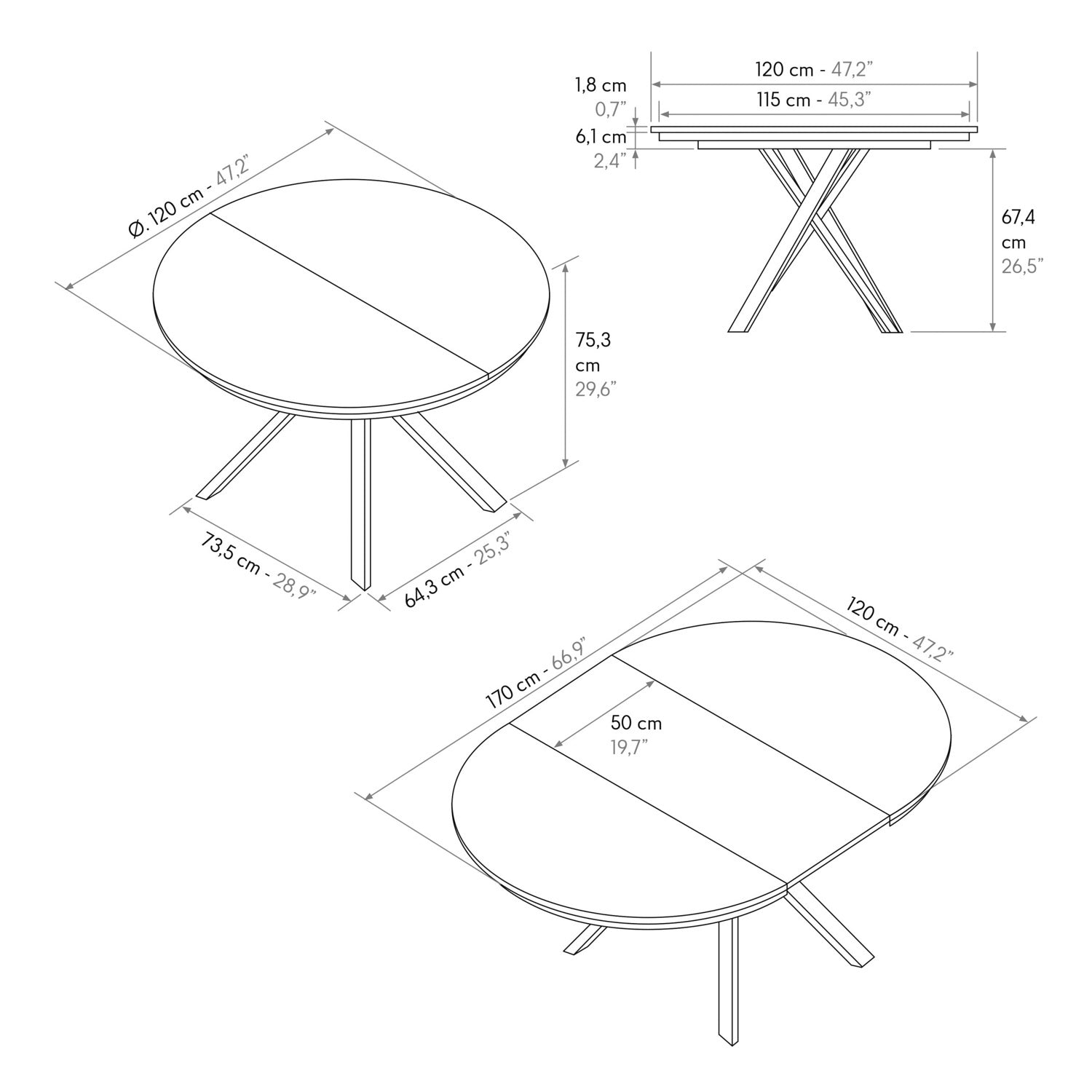 tavolo rotondo pantelleria in legno, finitura bianco statuario e gambe in metallo nero, allungabile ø120xh75,3 cm –...