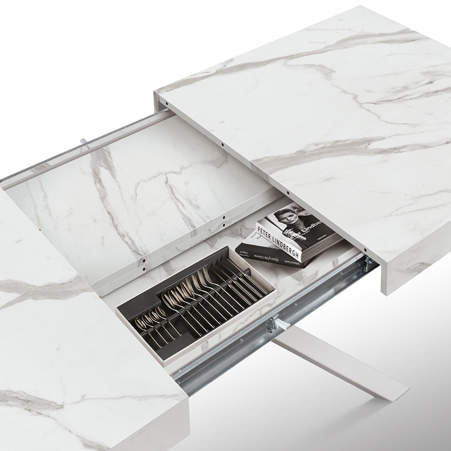 tavolo forte dei marmi in legno, finitura bianco statuario e base in metallo bianco, allungabile 140×90 cm – 220×90 cm,...