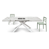 tavolo forte dei marmi in legno, finitura bianco statuario e base in metallo bianco, allungabile 140×90 cm – 220×90 cm,...