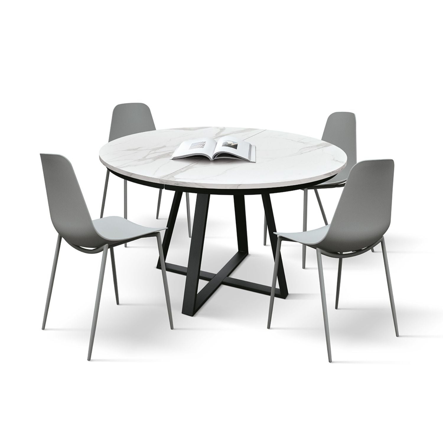 tavolo rotondo pantelleria in legno, finitura bianco statuario e gambe in metallo nero, allungabile ø120xh75,3 cm –...