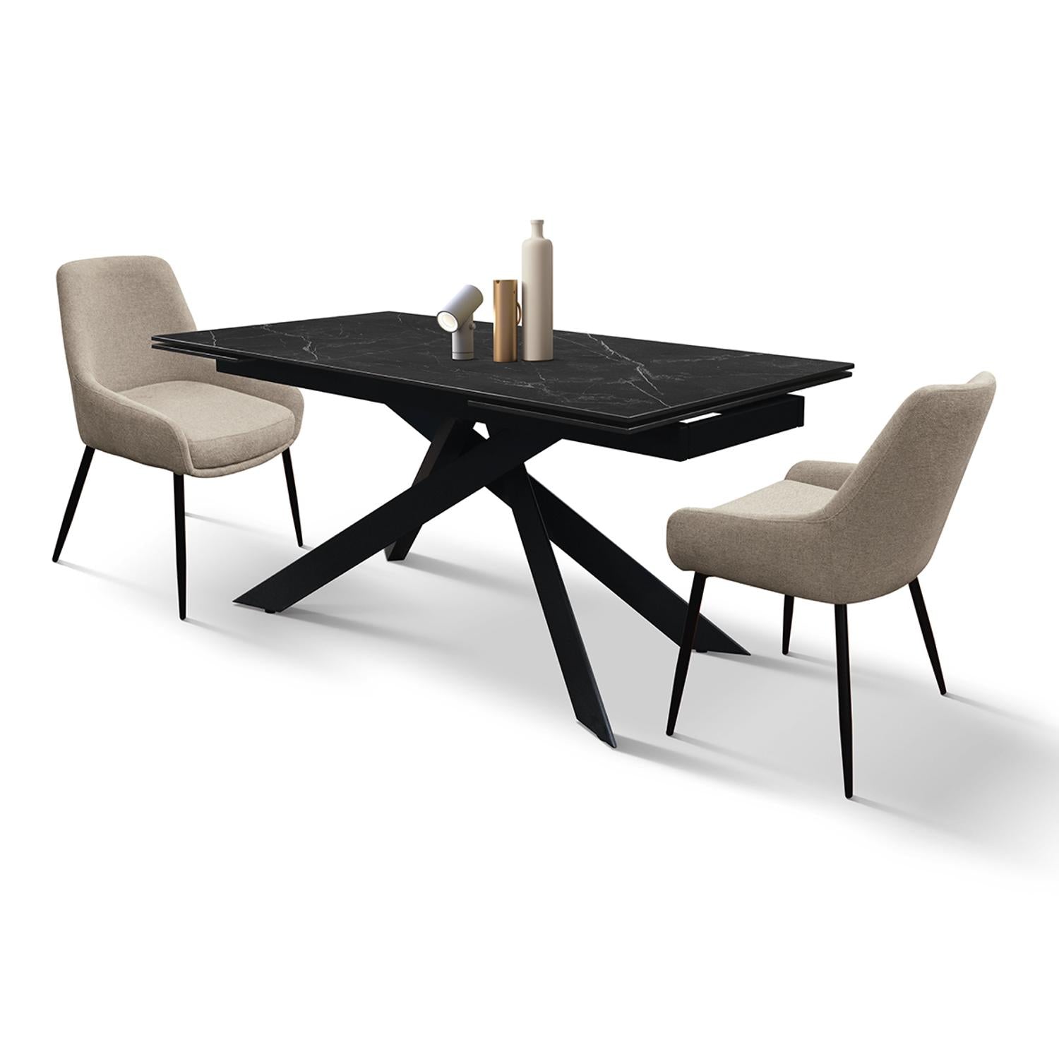 tavolo calvi in ceramica, effetto marmo nero e base in metallo verniciato nero, allungabile 160×90 cm-240×90 cm, dettaglio...