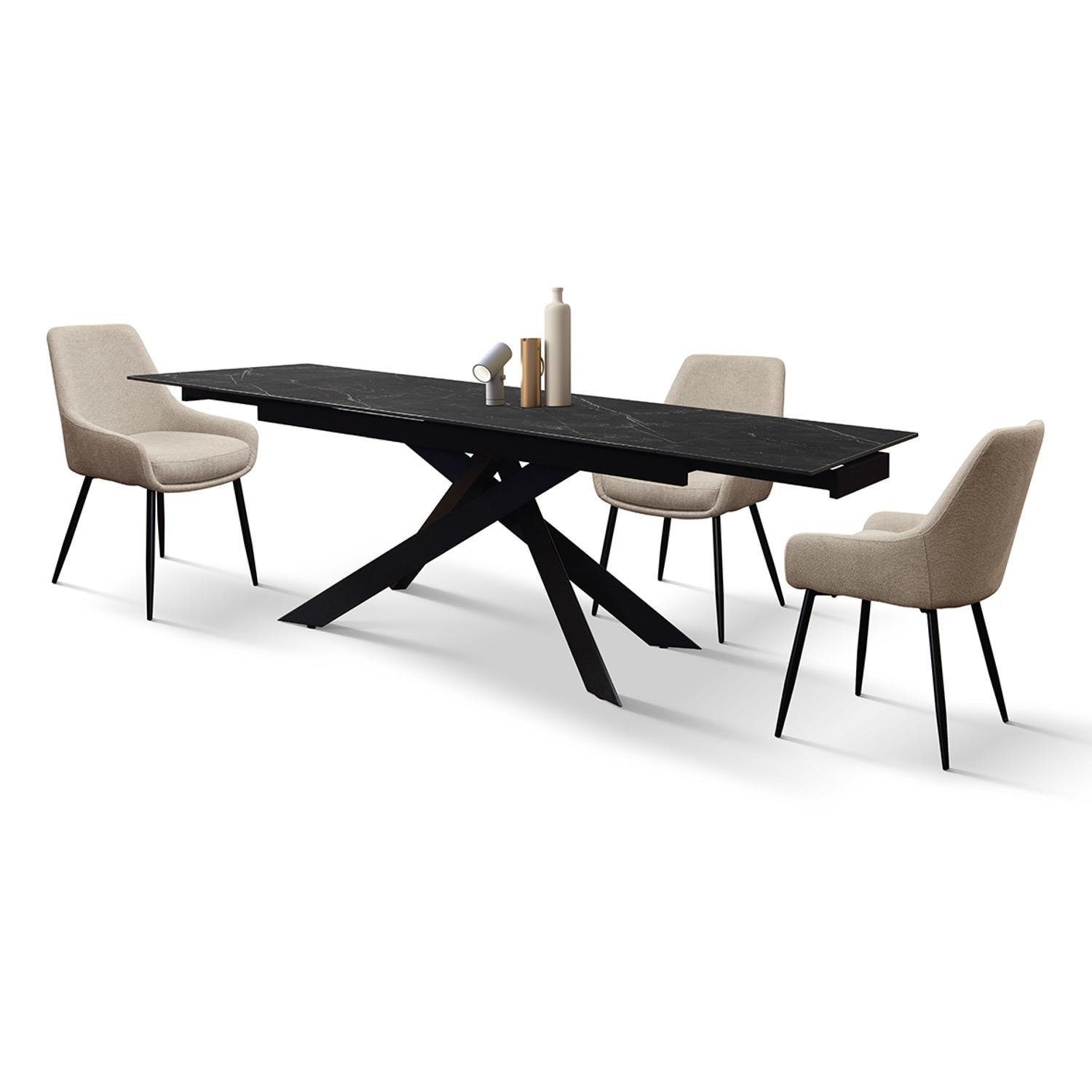 tavolo calvi in ceramica, effetto marmo nero e base in metallo verniciato nero, allungabile 160×90 cm-240×90 cm, design...