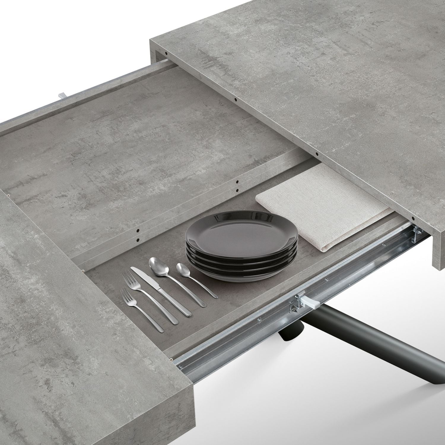 tavolo carrara in legno, finitura grigio cemento e base in metallo verniciato antracite, allungabile 180×90 cm – 260×90 cm,...