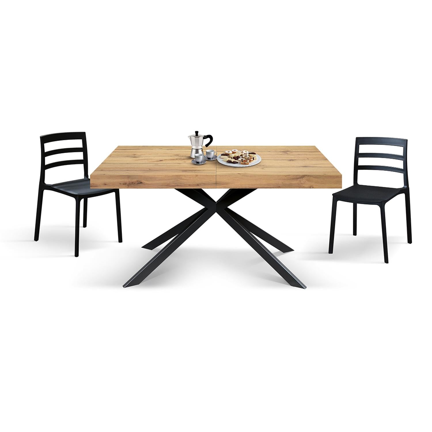 tavolo camaiore in legno, finitura rovere rustico e base a x in metallo antracite, allungabile 180×90 cm – 260×90 cm, vista...