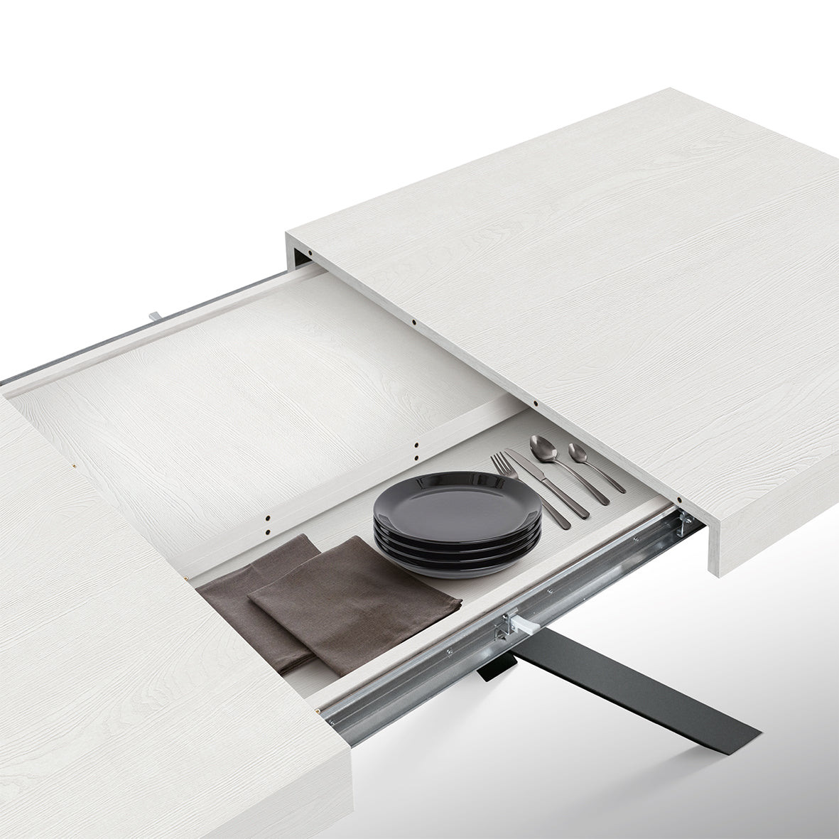 tavolo forte dei marmi bianco frassinato allungabile con base antracite 180×90 cm – 260×90 cm, vista ambientata con sedie...