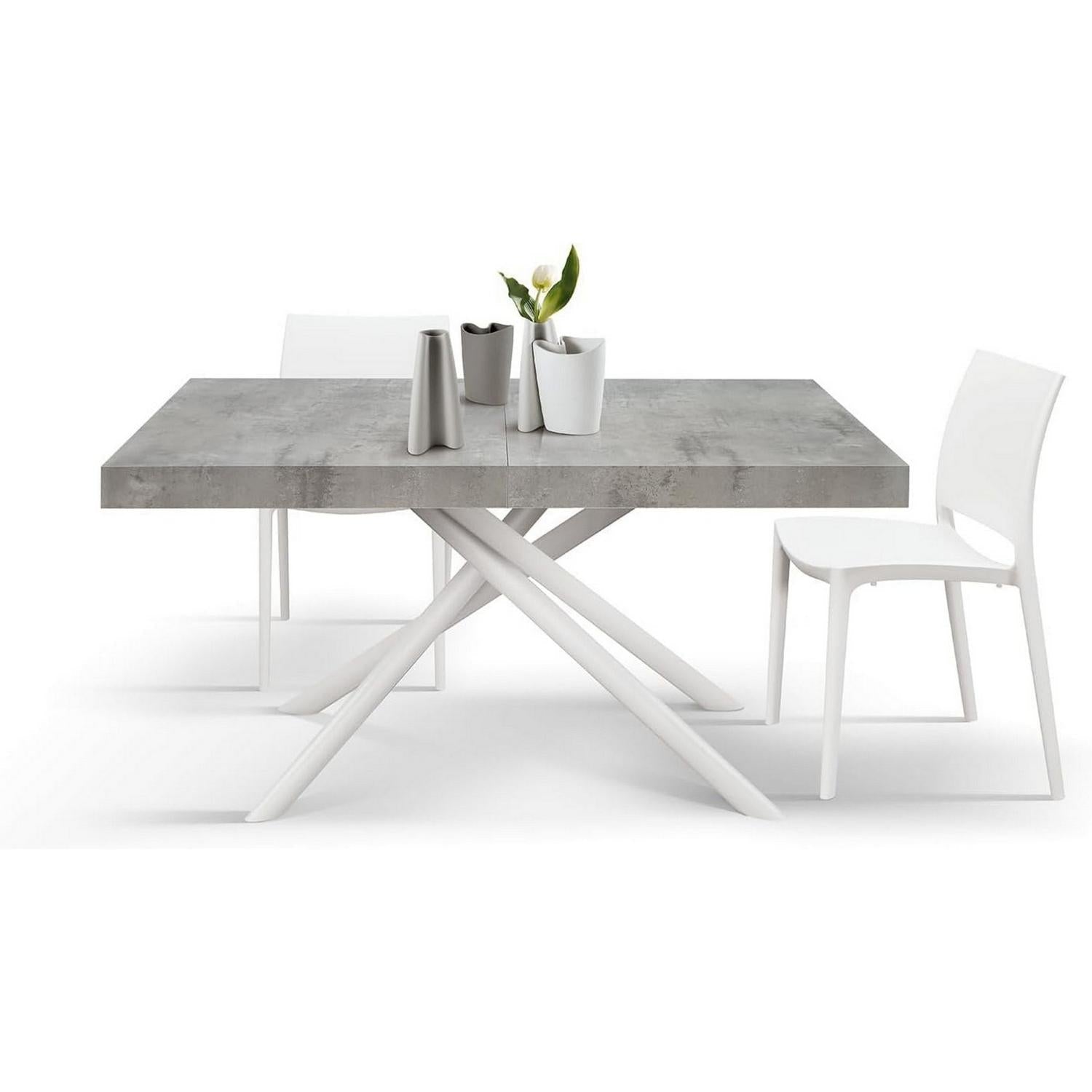 tavolo carrara in legno, finitura grigio cemento e base in metallo verniciato bianco, allungabile 180×90 cm – 260×90 cm,...