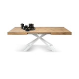 tavolo camaiore in legno, finitura rovere rustico e base a x in metallo bianco, allungabile 180×90 cm – 260×90 cm, dettaglio...