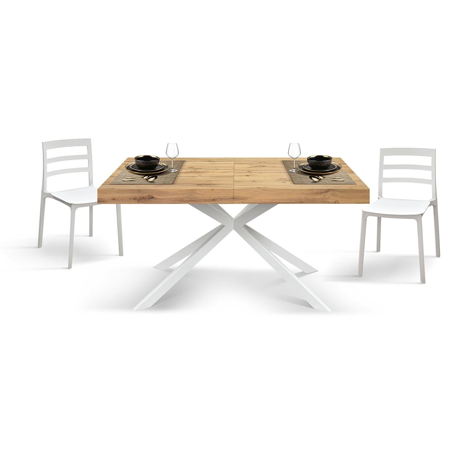 tavolo camaiore in legno, finitura rovere rustico e base a x in metallo bianco, allungabile 180×90 cm – 260×90 cm, vista...