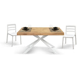 tavolo camaiore in legno, finitura rovere rustico e base a x in metallo bianco, allungabile 180×90 cm – 260×90 cm, vista...