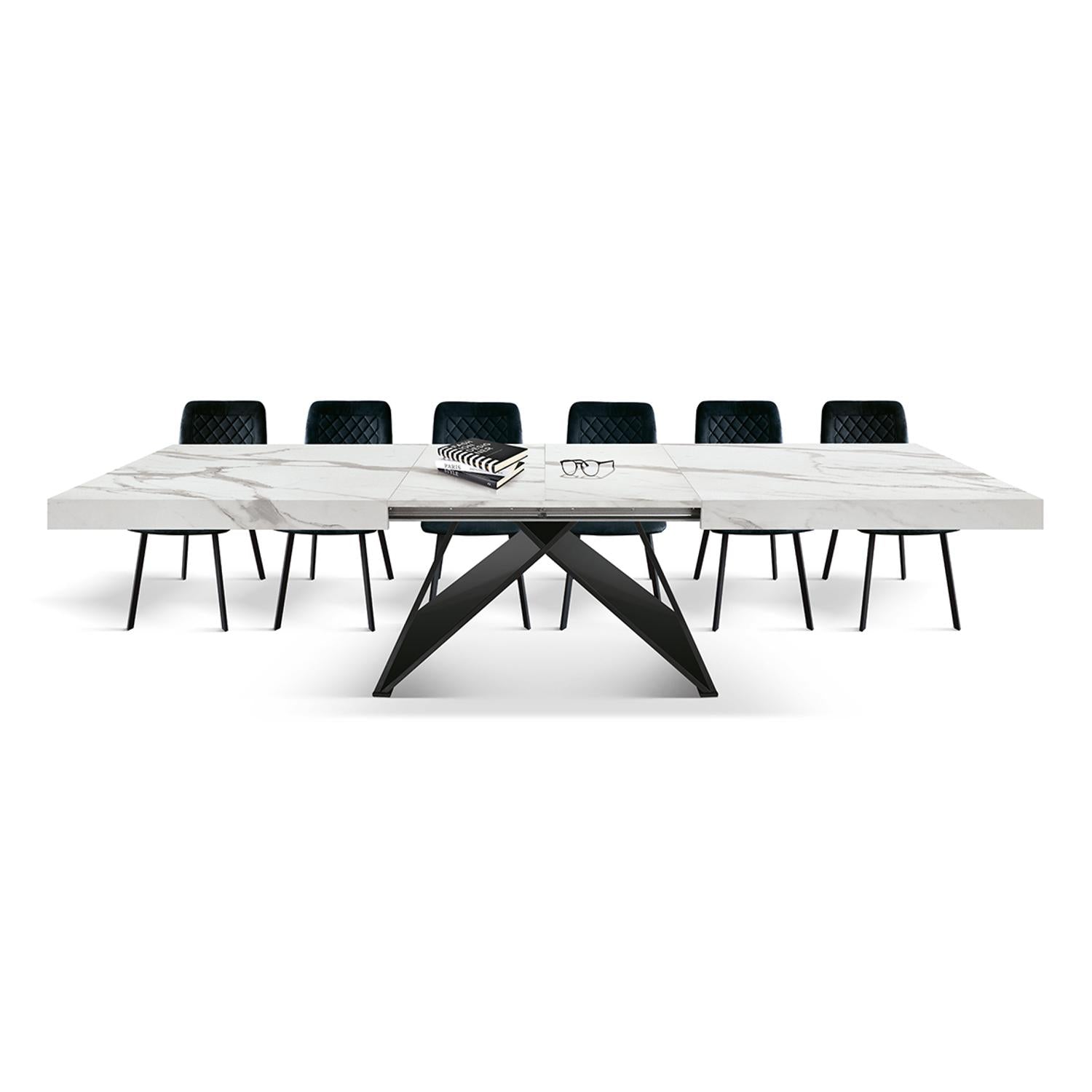 tavolo vulcano in legno, finitura bianco statuario e base in legno mdf nero, allungabile 160×90 cm – 240×90 cm, vista...