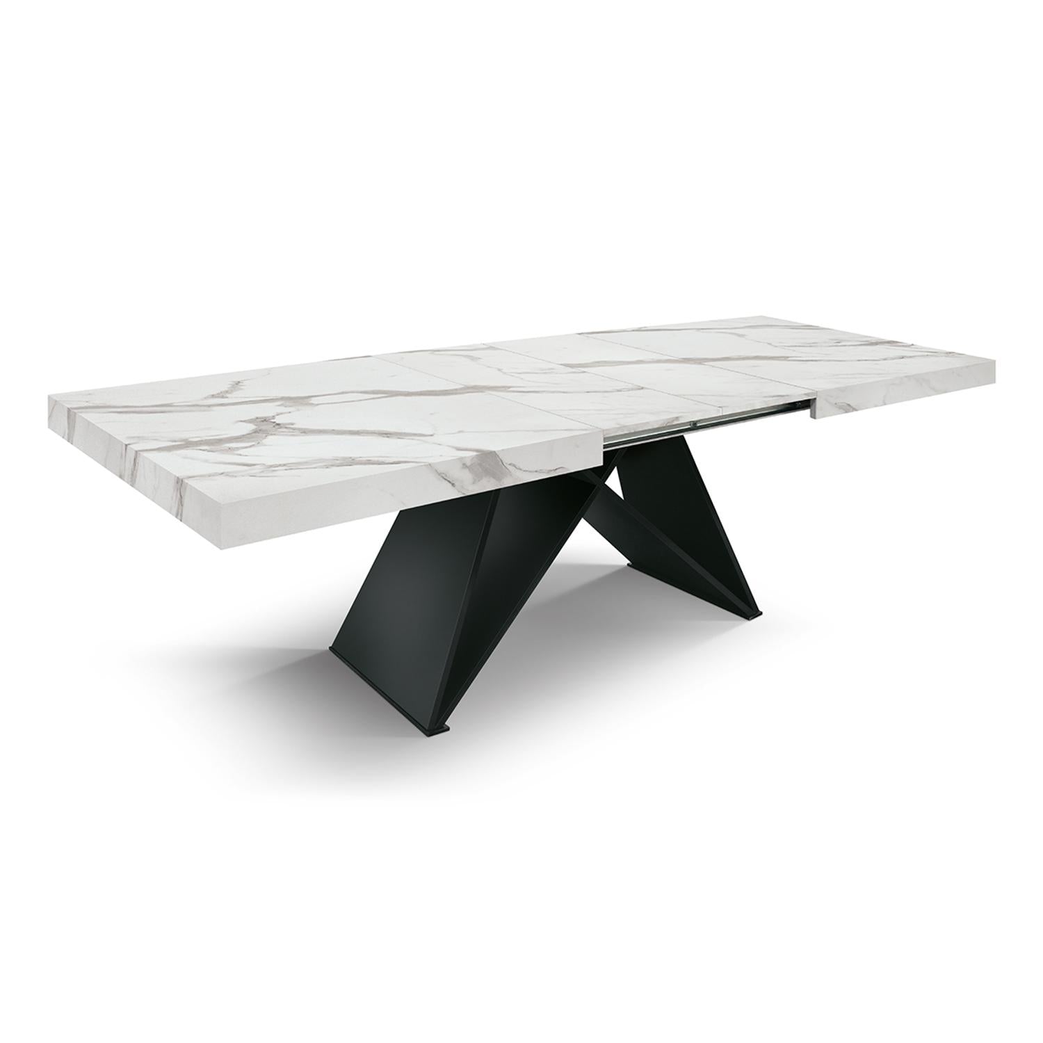 tavolo vulcano in legno, finitura bianco statuario e base in legno mdf nero, allungabile 160×90 cm – 240×90 cm, design...