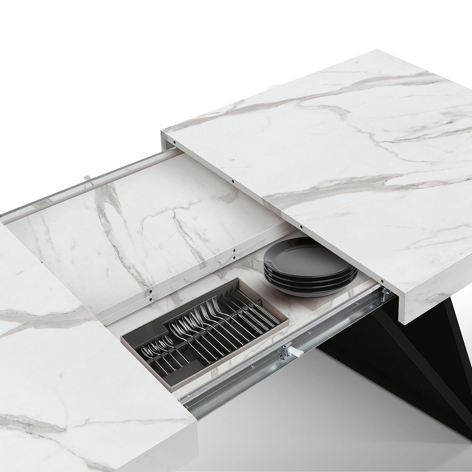 tavolo vulcano in legno, finitura bianco statuario e base in legno mdf nero, allungabile 160×90 cm – 240×90 cm, ideale per...