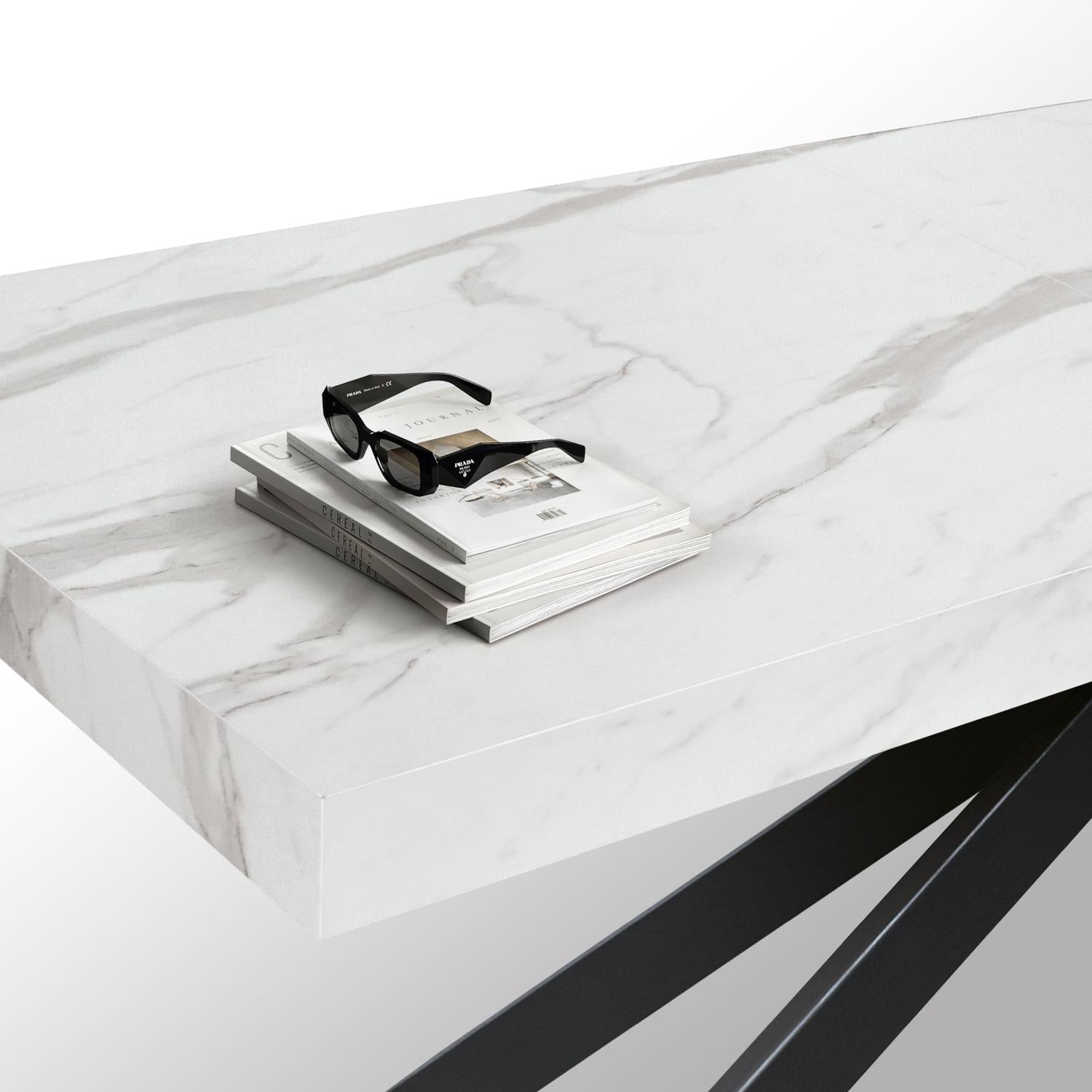 tavolo camaiore in legno, finitura bianco statuario e gambe a x in metallo nero, allungabile 160×90 cm – 240×90 cm, vista...