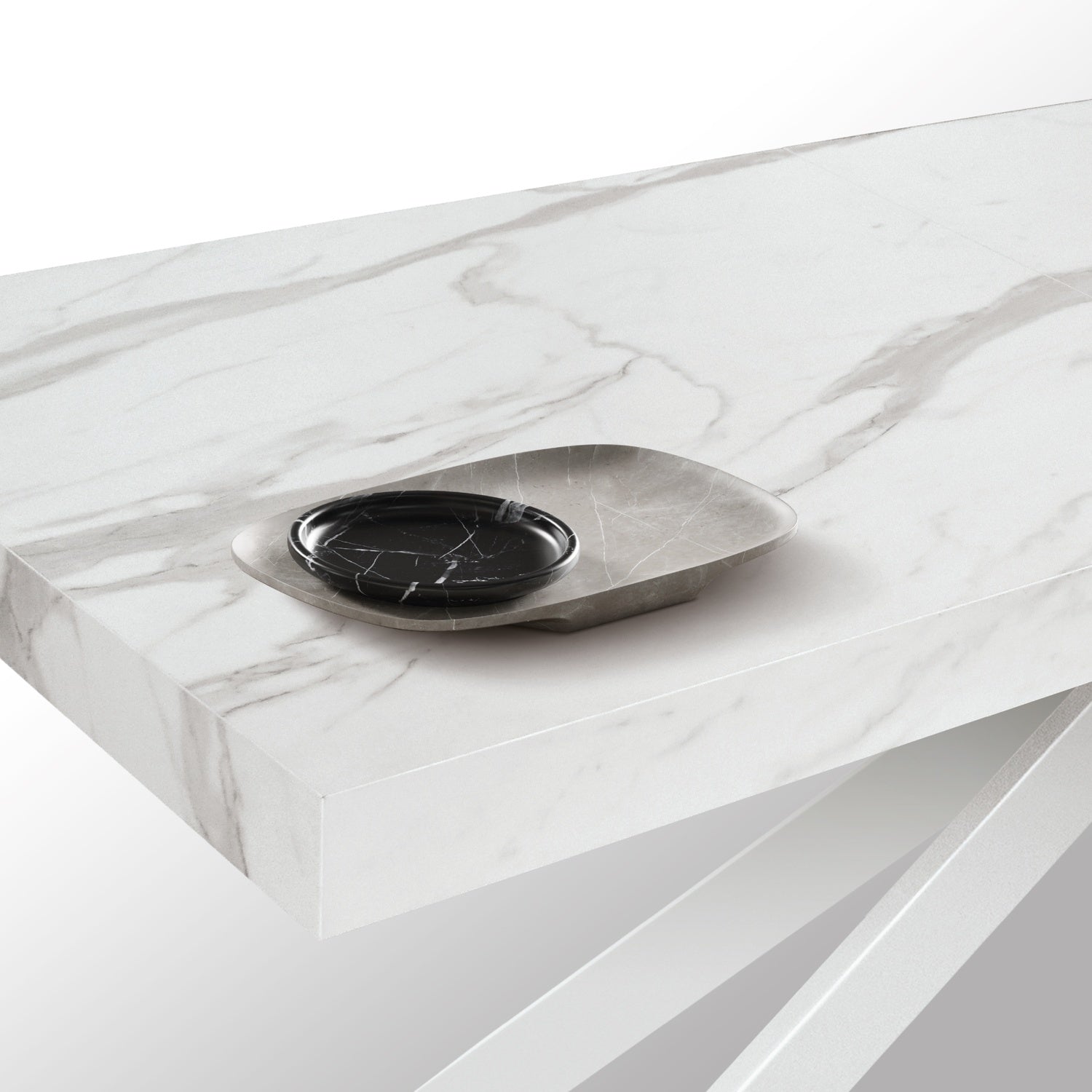 tavolo camaiore in legno, finitura bianco statuario e gambe a x in metallo bianco, allungabile 160×90 cm – 240×90 cm, vista...