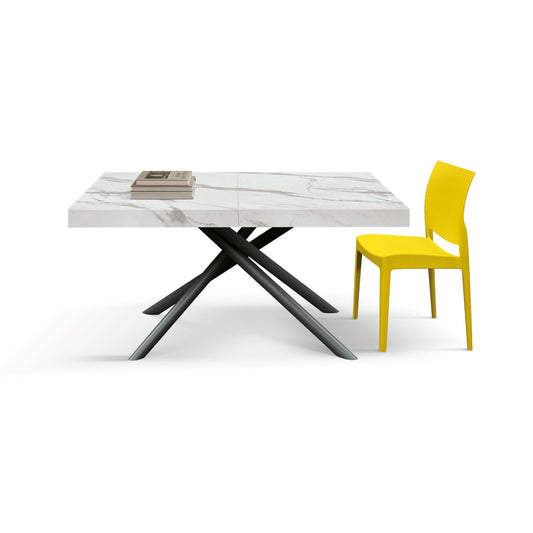 tavolo carrara in legno, finitura bianco statuario e gambe in metallo nero, allungabile 140×90 cm – 220×90 cm, tavolo...