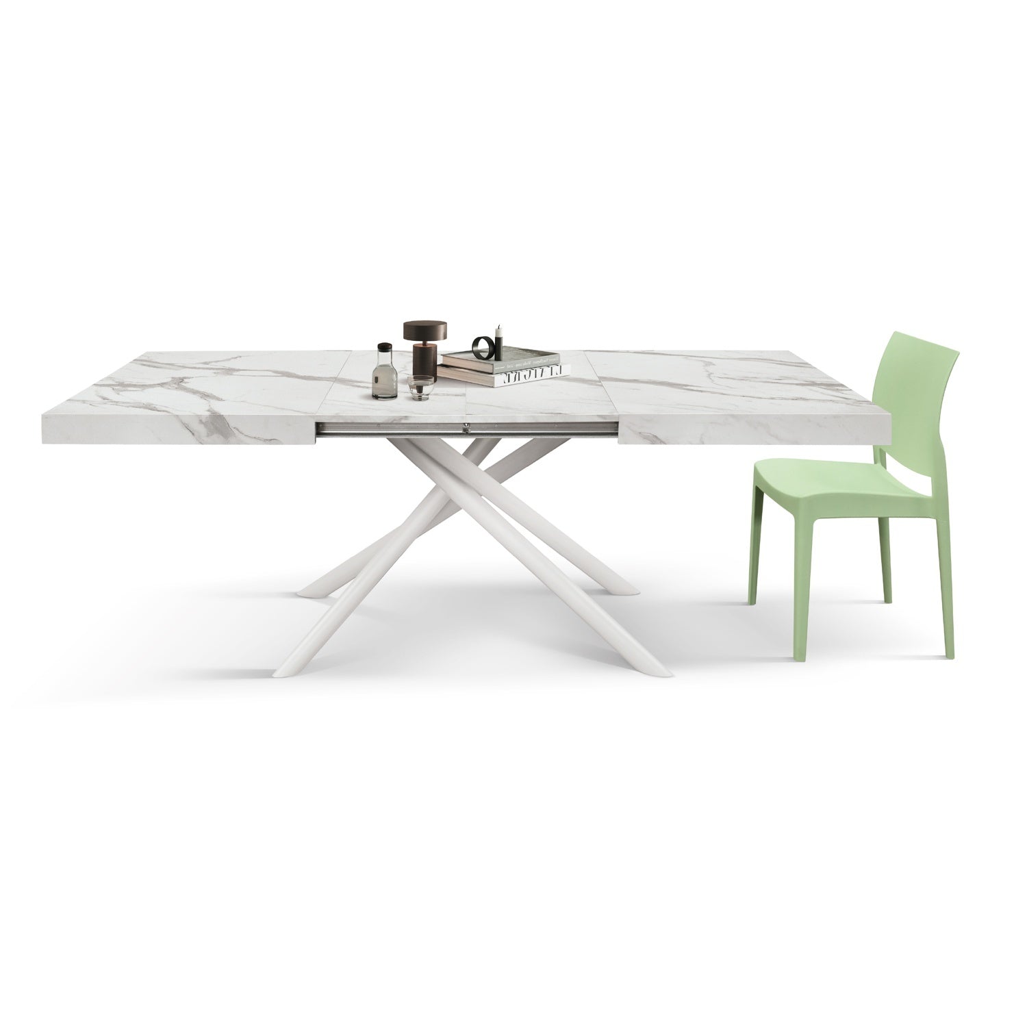 tavolo carrara in legno, finitura bianco statuario e gambe in metallo bianco, allungabile 140×90 cm – 220×90 cm, vista...